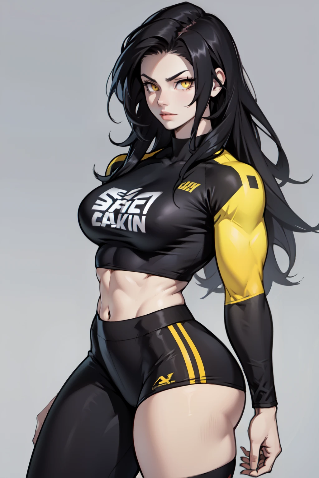 ((1girl)) pale skin large breasts (muscular) toned body thick thighs black hair yellow eyes (long hair grey background) bodybuilder angry tight shirt