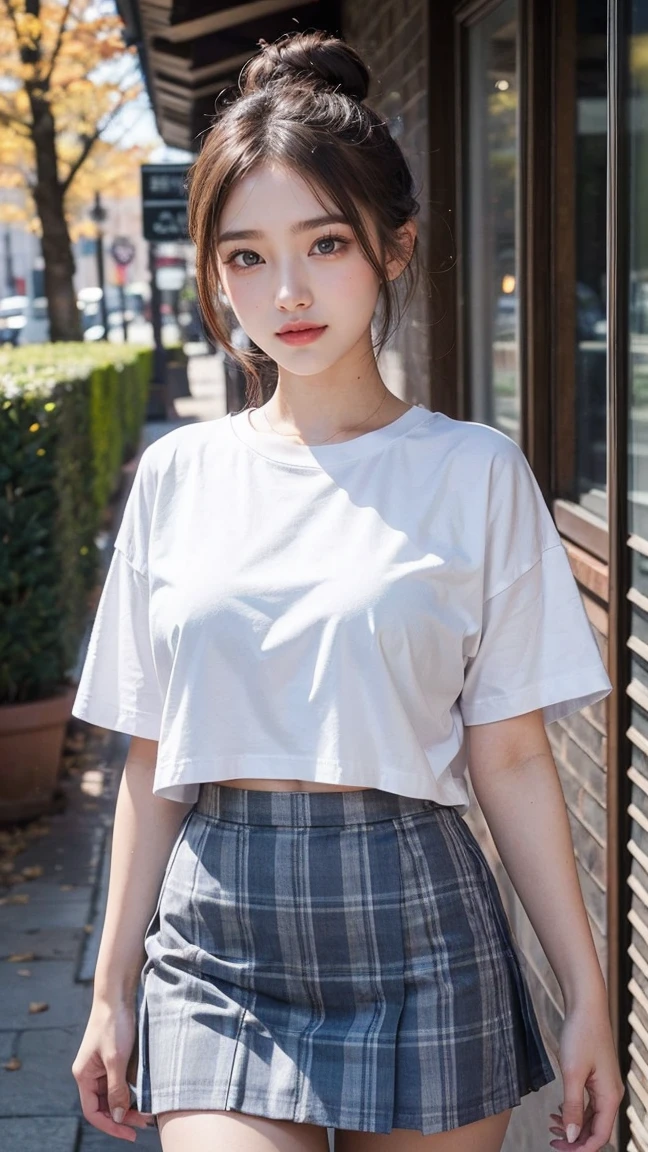 Beautiful schoolgirl、Medium bob hair、beautiful hair of light brown color、White short sleeve cut and sew、Denim shorts、ample breasts、Sheer nipples、glowing sun、blue-sky、clouds、Spring air、Photographed from below、low angles、Mare、