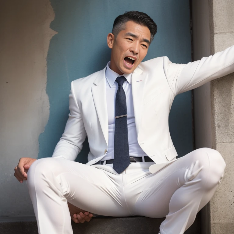 45 yers old，Hidetoshi Nakata，（ Kogoro Mouri 1.3）Shirtless，Tong，Bulge，office room，black long socks，Thin，musculature，lbeard，fortitude，artwork of a，tmasterpiece，k hd，white colors，skinny pants，an look of enjoyment