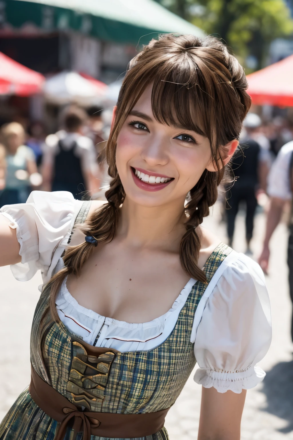 realistic, cinematic, photogenic, Oktoberfest, in an urban area, a very lively crowd around, festive atmosphere, see some tent beyond, under the sunshine, crouching down, peer up from below, upturned eyes, eating relish some pretzels and sausages, big smile, laughing out loud, wearing dirndl dresses, bright brown hair, pompadour hairstyle, twisted bangs, hair is blowing in the wind, hair is shaggy and dishevelled, a flushed face from drunkenness, a little sweaty, a tipsy expression, beautiful white translucent skin, slendar figure, a little exposed chest, heavy and vivid makeup, detailed rendering, cinematic lighting, vibrant colors, photorealistic, best quality, 8k, hyperdetailed