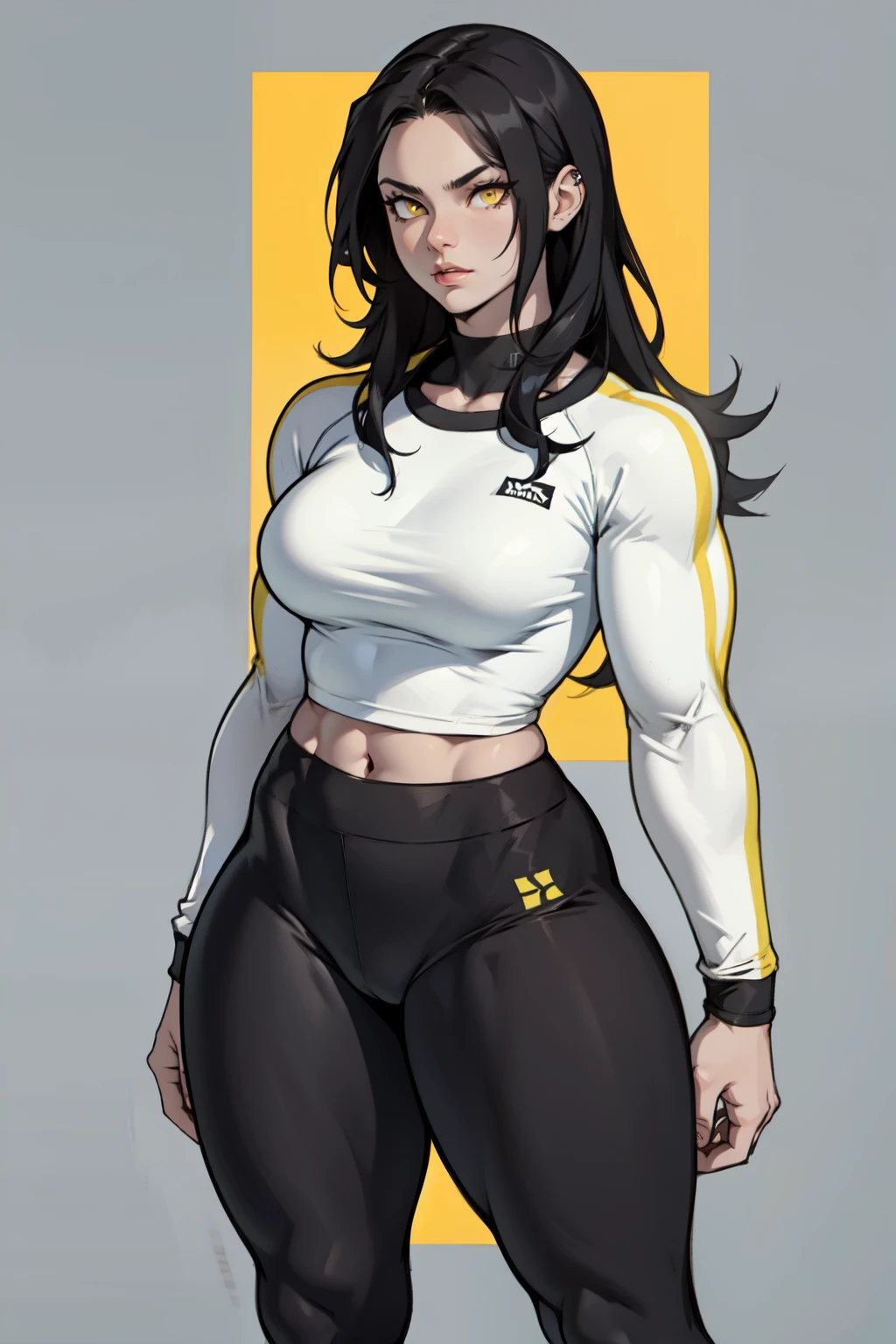 1girl solo black hair yellow eyes very long hair pale skin muscular muscular muscular muscular toned body huge muscles thick thighs girl tight clothes angry blushing messy hair tight shirt long sleeves thick thick thick thick (gradient hair gradient hair gradient hair gradient hair gradient hair gradient hair)