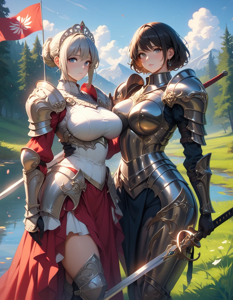 2 woman Muscular Muscle Abs Sweaty Knight Armor Plate Armor Thigh-high boots Cape sword slingshot bikini armpit hair sword smile Big nipples