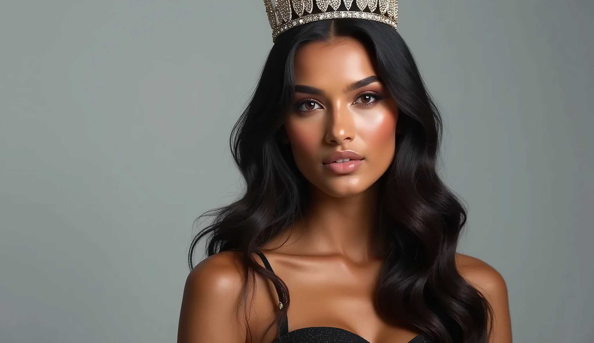 Beautiful woman photo studio concept like a royal queen wearing a city crown.
The room is full of beautiful flowers and there is a sign with the name Ridwangrapher
