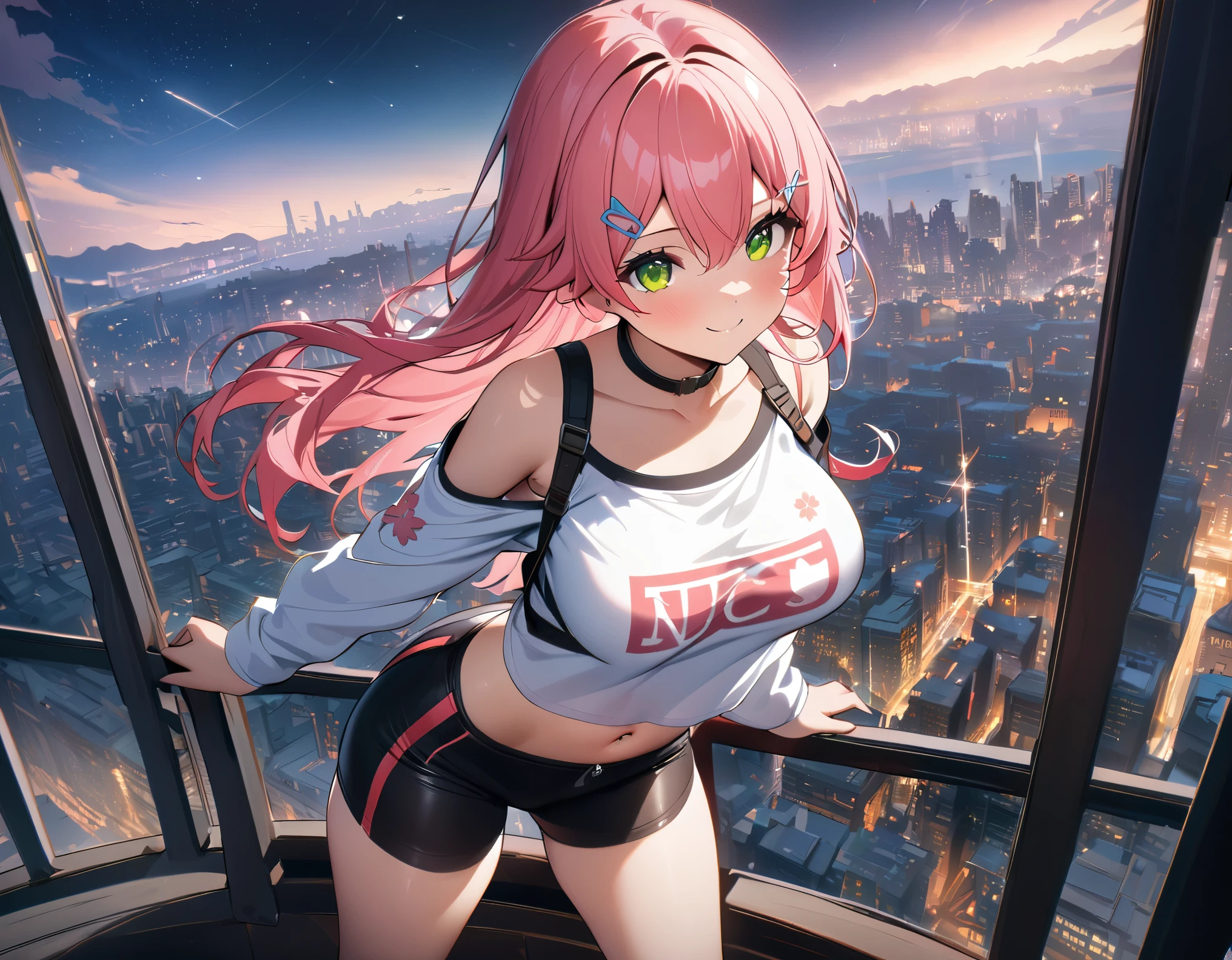 (8k、Best image quality、highest quality、masterpiece)、Detailed face、 1teen_girl、pink Hair、Long Hair、green_eyes、smile,(navel_peek)、(large_breasts),(White_short_T-shirt:1.5)、Off the shoulder、Black shoulder straps、(bike_shorts)、City Background, starry_sky_landscape ,sakura_miko,hololive,(covered_nipples:0.3),solo,stargaze,girl_looking_up_sky,shoot_boots,