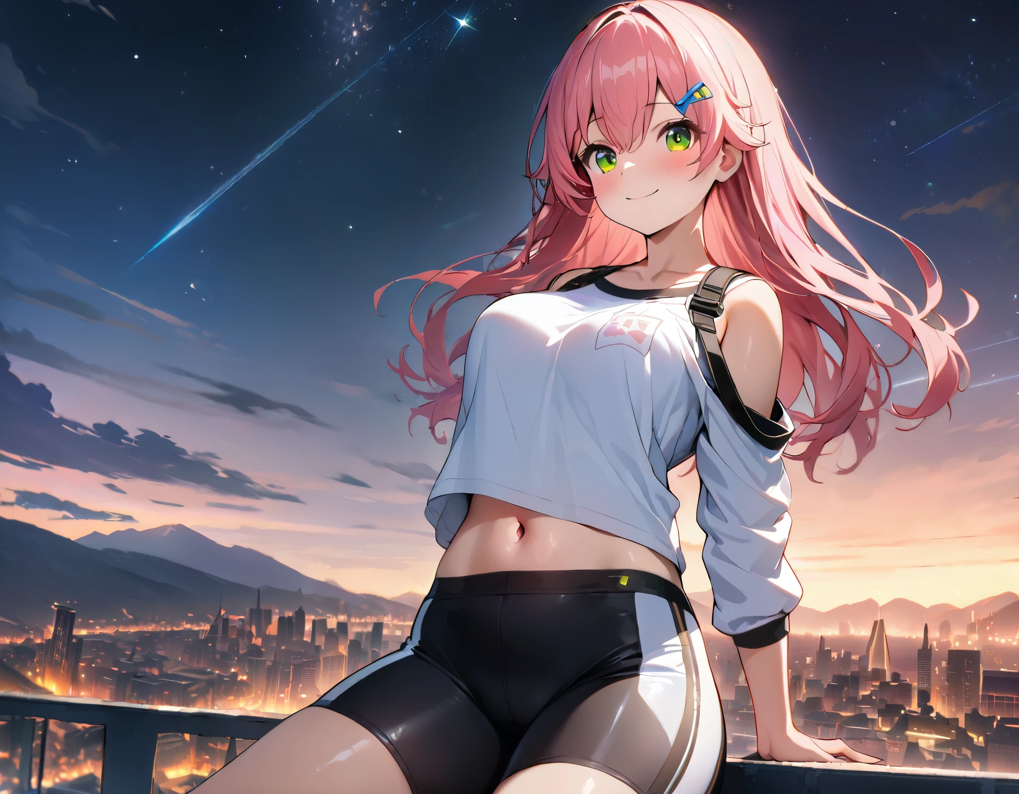 (8k、Best image quality、highest quality、masterpiece)、Detailed face、 1teen_girl、pink Hair、Long Hair、green_eyes、smile,(navel_peek)、(large_breasts),(White_short_T-shirt:1.5)、Off the shoulder、Black shoulder straps、(bike_shorts)、City Background, starry_sky_landscape ,sakura_miko,hololive,(covered_nipples:0.3),solo,stargaze,girl_looking_up_sky,shoot_boots,