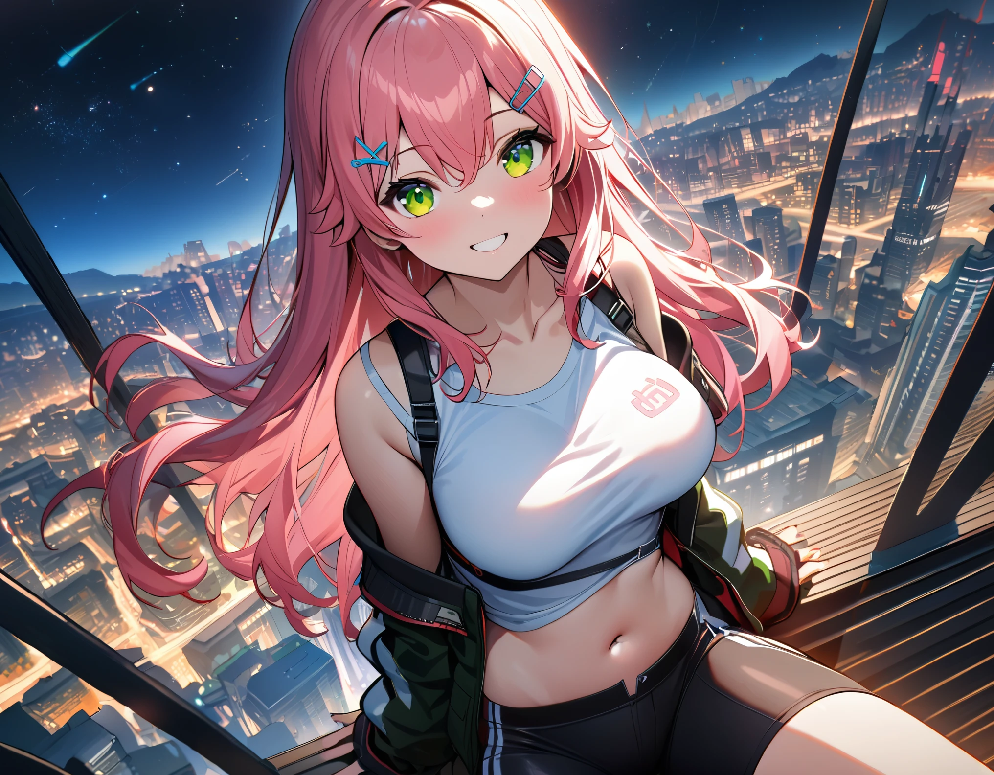 (8k、Best image quality、highest quality、masterpiece)、Detailed face、 1teen_girl、pink Hair、Long Hair、green_eyes、smile,(navel_peek)、(large_breasts),(White_short_T-shirt:1.5)、Off the shoulder、Black shoulder straps、(bike_shorts)、City Background, starry_sky_landscape ,sakura_miko,ho****ve,(covered_nipples:0.3),solo,stargaze,girl_looking_up_sky,shoot_boots,