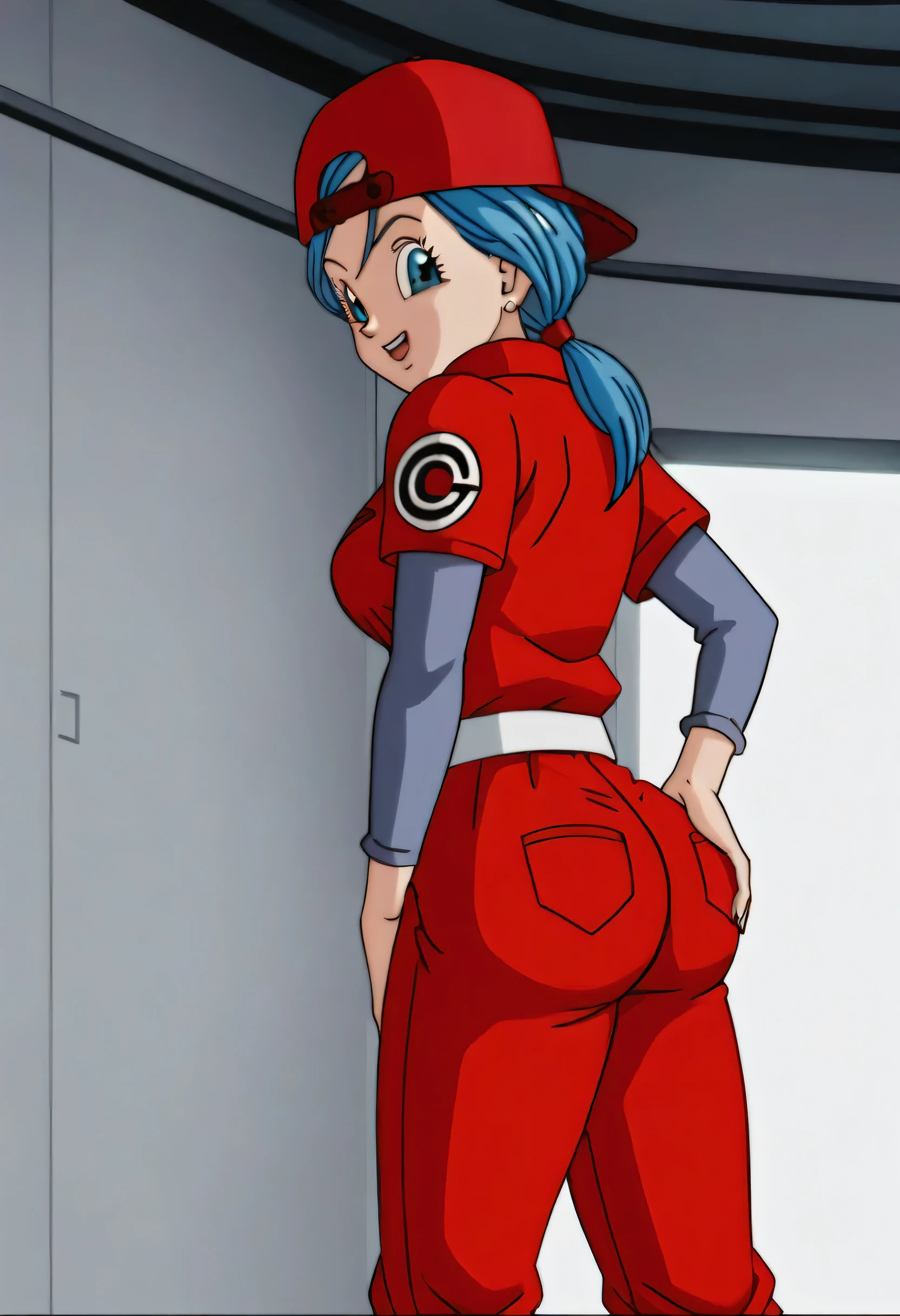 source_anime, score_9, score_8_up, score_7_up, anime screencap,8k, absurd res, 
bulma, future, 1girl, solo, breasts, smile, ponytail, low ponytail, open mouth, blue eyes, backwards hat, blue hair, earrings, cowboy shot, belt, hand on own ass, looking at ass, ((red jumpsuit)), leaning forward, from side,  print sleeve,
 