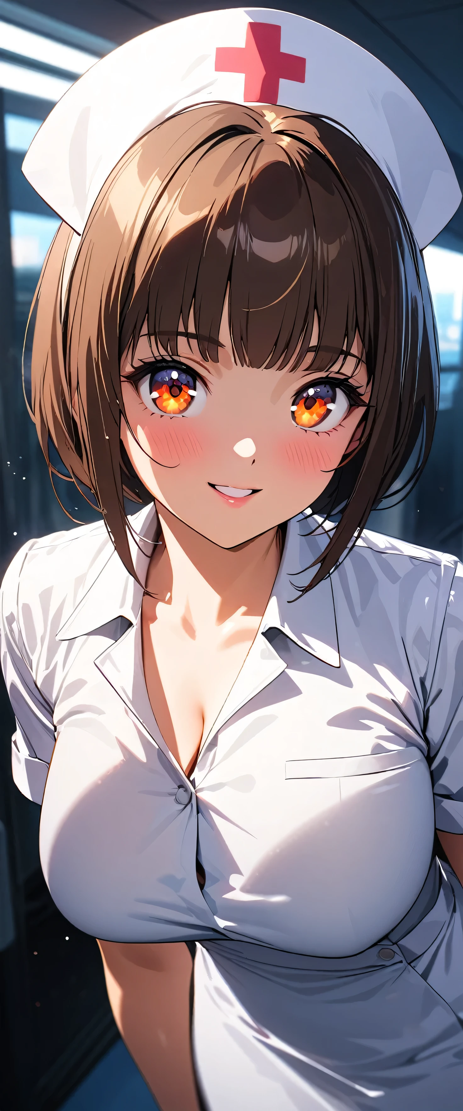 (beautiful girl: 1.3),1girl,masterpiece,Highest quality,Ultra-high resolution,rich contrast,super high quality,8k,Highly detailed CG unit wallpaper,texture,Incredibly absurd,RAW Photos,Highest quality anime,Depth of Field 1.2,Ultra-detailed eyes,Glowing Skin,Glitter effect,Beautiful glossy lips,(Brown Hair,Sharp Bob),nurse uniform,Nurse working at the hospital,exceptional smile,white nurse uniform,Large Breasts,Big Round Ass,(Rear View:1.5)