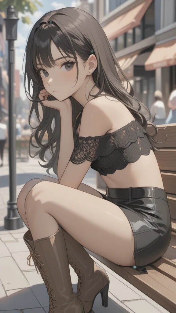 (((Adult transgender woman)): (short black miniskirt, topless, lace top off shoulder's, Black eyes, showing the whole body, small breasts, Dark skin, brown skin, ((Black wavy hair)), ((High heel Beige boots)). Closed mouth )); full body shot, ((sitting on a bench)), city background. High quality. 4k, 8k, many details. Masterpiece, accurate, anatomically correct, posing, detailed background, better quality, original work Focus on details, people's watching around, Front view, hand in hair