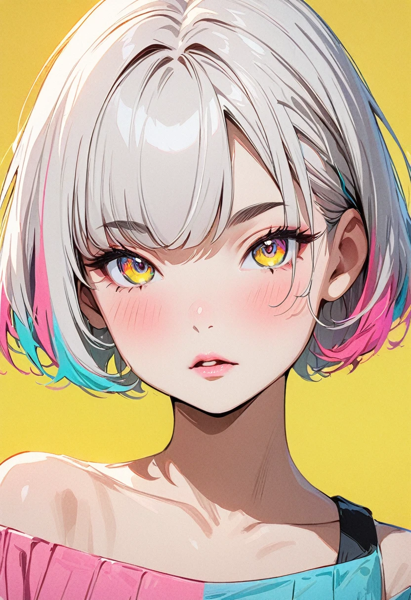 (masterpiece, Best Quality:1.4), Anime Style, Portrait, 1 girl, solo, front, Asymmetrical silver short hair, Colorful Students, Blurred vision, Pink lower lip, Asymmetrical short hairstyles, Longer bangs on one side, Color Highlights,Bob Hairstyle, cute, Off-the-shoulder sweater, Pleated skirt,Pure Yellow Background.