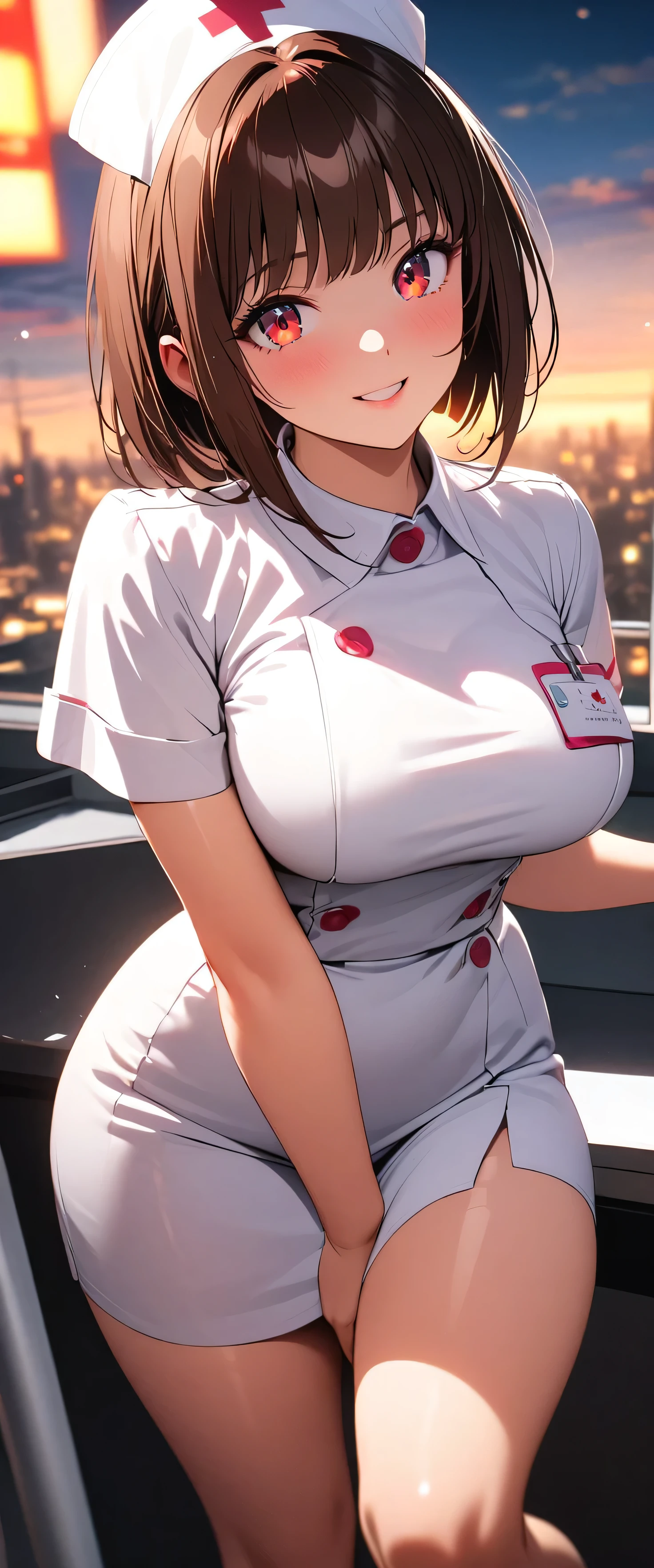 (beautiful girl: 1.3),1girl,masterpiece,Highest quality,Ultra-high resolution,rich contrast,super high quality,8k,Highly detailed CG unit wallpaper,texture,Incredibly absurd,RAW Photos,Highest quality anime,Depth of Field 1.2,Ultra-detailed eyes,Glowing Skin,Glitter effect,Beautiful glossy lips,(Brown Hair,Sharp Bob),Red Eyes,nurse uniform,Nurse working at the hospital,syringe,exceptional smile,white nurse uniform,Large Breasts,Big Round Ass,,overlooking,(magnificent panorama view:1.3)