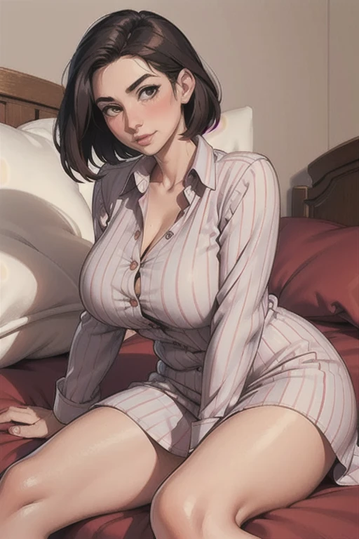 informal, (mature woman:1.4), (thick), Long red striped shirt dress with buttons and unbuttoned, ((Masterpiece:1.2)), ((best quality:1.2)), (neckline). lying on a bed ((blushing))