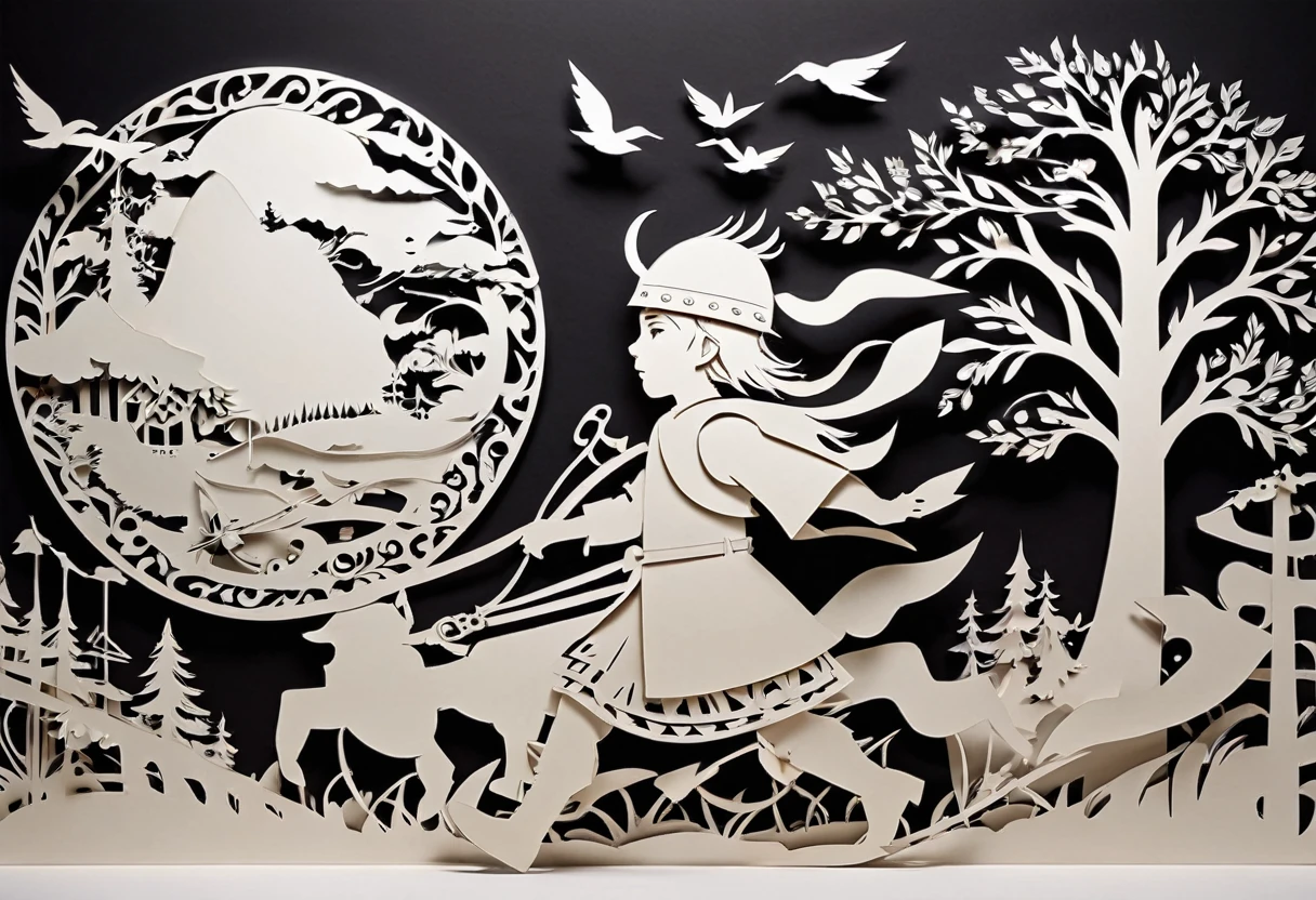 (Masterpiece, BestQuality:1.2),fusion of paper cutting and shadow puppetry, mix of monochrome and color, best quality, super fine, 16k, 2.5D, delicate and dynamic depiction, side view,side angle,present day,(only one small boy(kid) is running), wearing a Viking helmet,wasteland,Magnificent Paper Cutout,long shot,