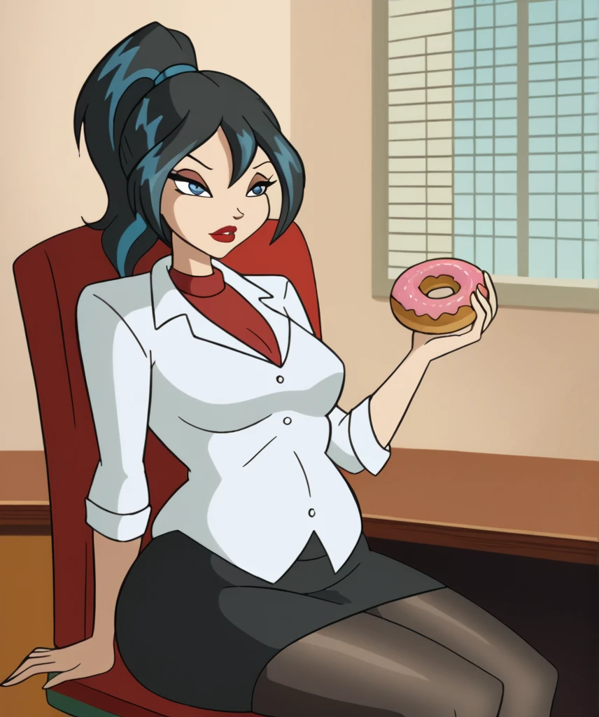 Tall bl_oom, 1girl, blue eyes, red lips, tight tied ponytail hair, hair up, blue eyes, black pencil skirt, dress shirt, (black tights), Tall chubby body, bulge_belly, belly focus, Surfeit, furrowed brow, red lips (belly_rolls), [bulge_belly], ((holding donut)), sitting in office, leaning back in chair, fancy office background with lots of windows, outgrowing clothes, surfeit to eat, half closed eyes,eyes focus,
