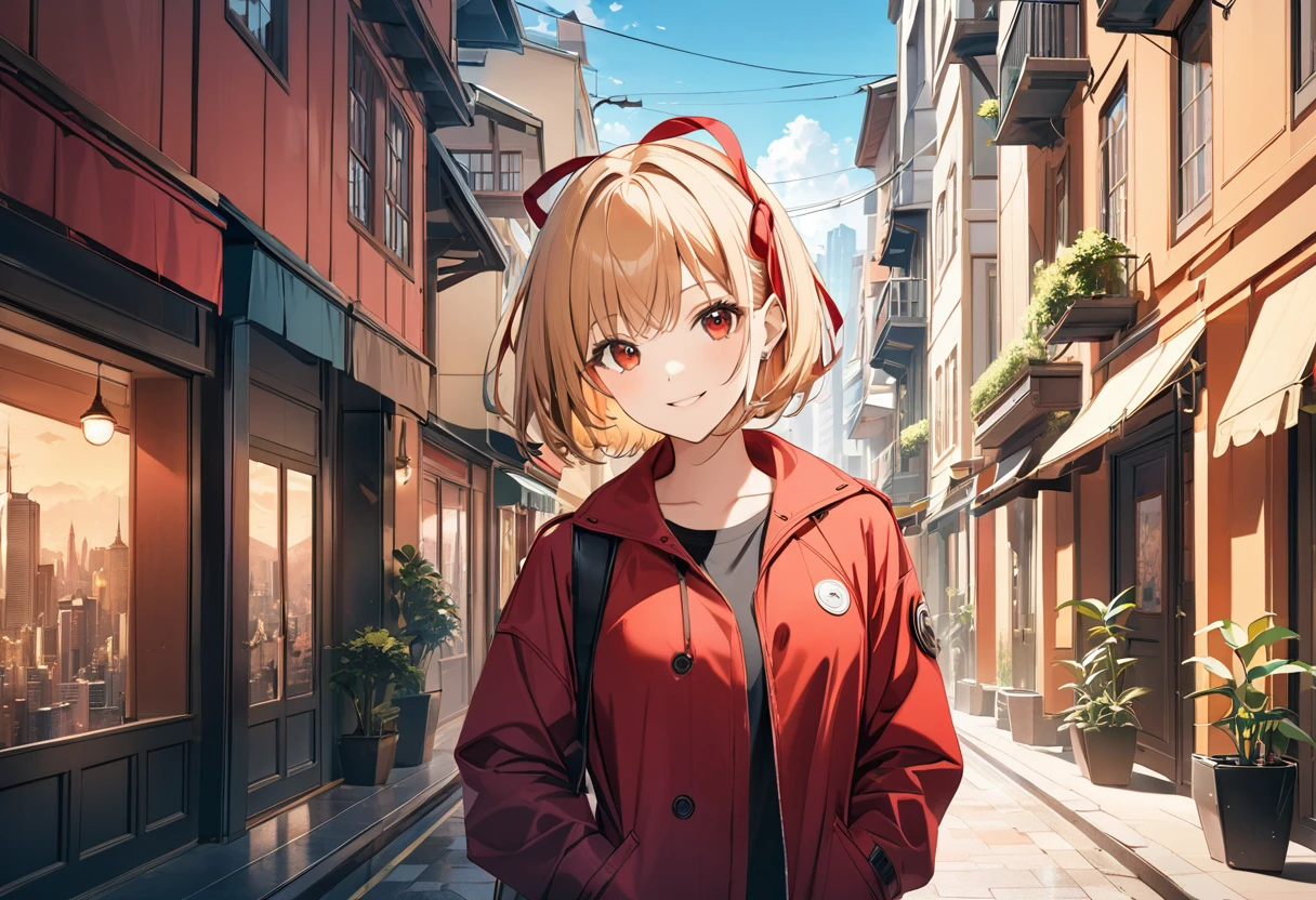 masterpiece, best quality, illustration, 8k wallpaper, city, AND masterpiece, best quality, illustration, 8k wallpaper, red_jacket, ribbon,red_eyes,blond hair,short hair,hair_ribbon,smile, arms behind back,