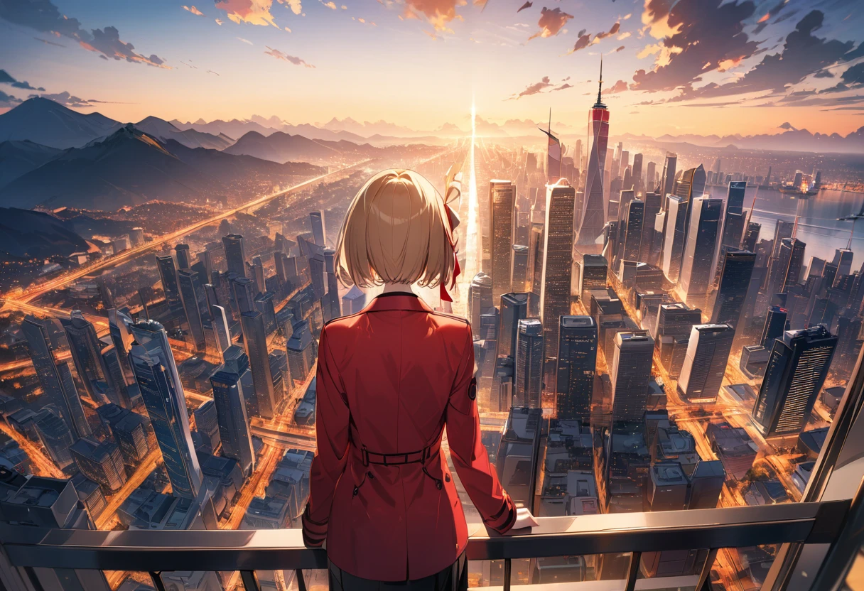 masterpiece, best quality, illustration, 8k wallpaper, city, AND masterpiece, best quality, illustration, 8k wallpaper, red_jacket, ribbon,red_eyes,blond hair,short hair,hair_ribbon,smile, arms behind back,