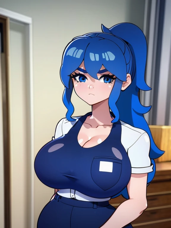 Girl with blue hair and ponytail, big breasts, Work uniform