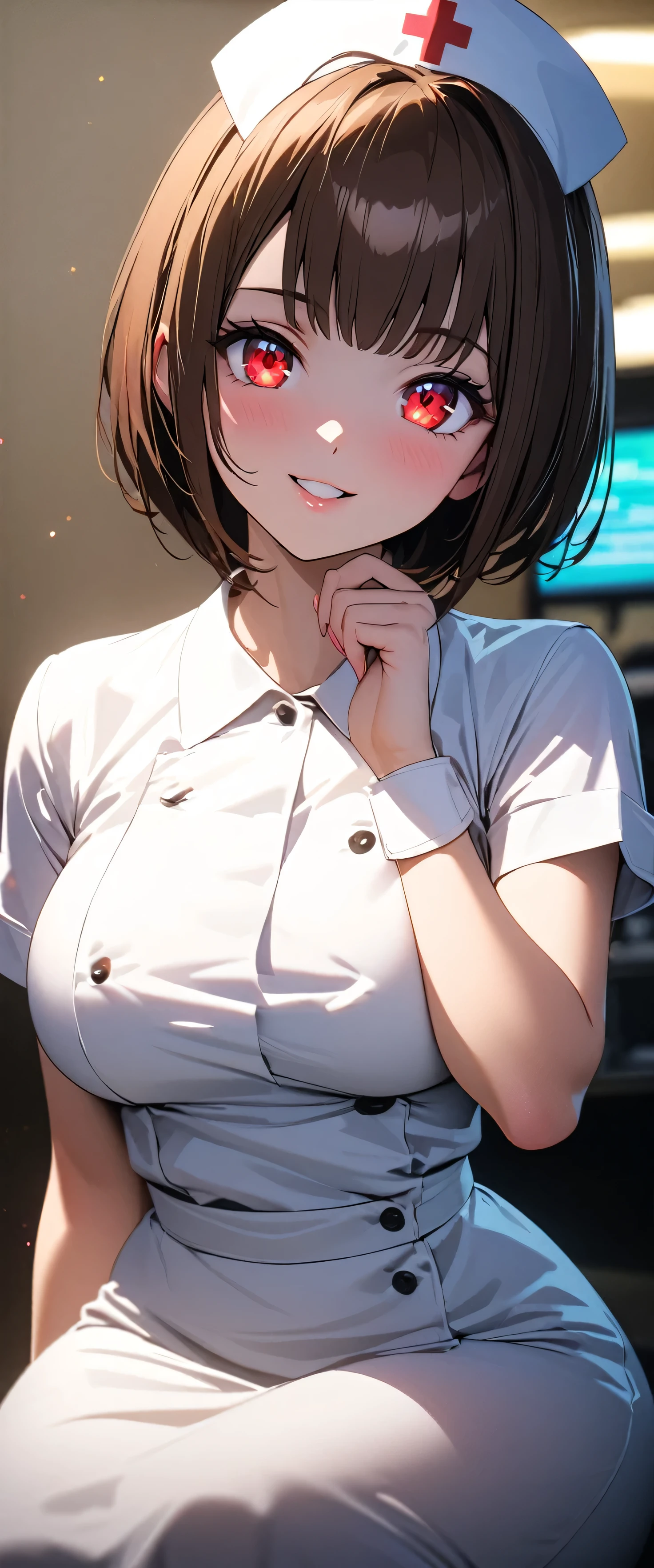 Anime girl with big breasts posing in front of the window, ((Restaurant uniform: 1.2))),((no bra)), ((see-through)), are see-through)), (((looks away in embarrassment)), ((upper body)), ((focused on people)), ((brown hair)), ((looking from the front)), ((hands down)), seductive anime girl, best anime 4k konachan wallpapers, perfect gray haired girls, charming anime girls, 4k anime wallpapers, 4k manga wallpapers,, detailed digital anime art, anime best girls, beautiful anime girls, cyberpunk, detailed anime artwork, beautiful attractive anime women