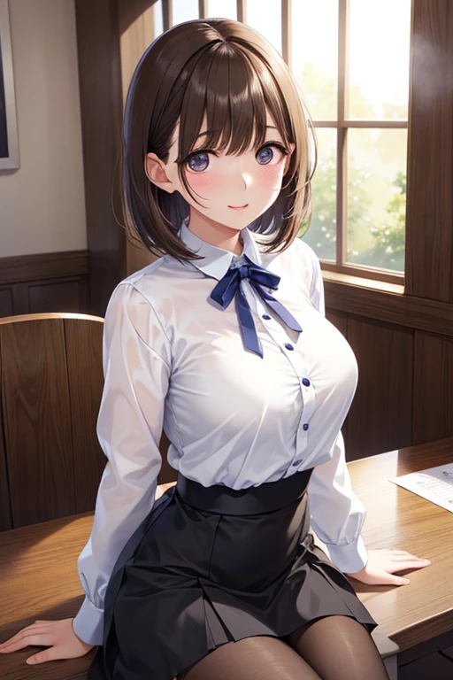 1 Female,High definition,high resolution,Ultra-realistic,8K, hmza, short hair, antenna hair, brown eyes, school uniform, blue necktie, yellow shirt,black jacket, long sleeves, black skirt,tight skirt, miniskirt,European,sexy,Upper body close-up,Photographed from the front,Dynamic Angles,blush, medium tits, happy, wink the eye,facial, sweat,multicolored hair ,((nipples)),(wide thighs:1.4),(white panties),(show panties),(from behind),(huge ass),(show ass),(blush), detailed face