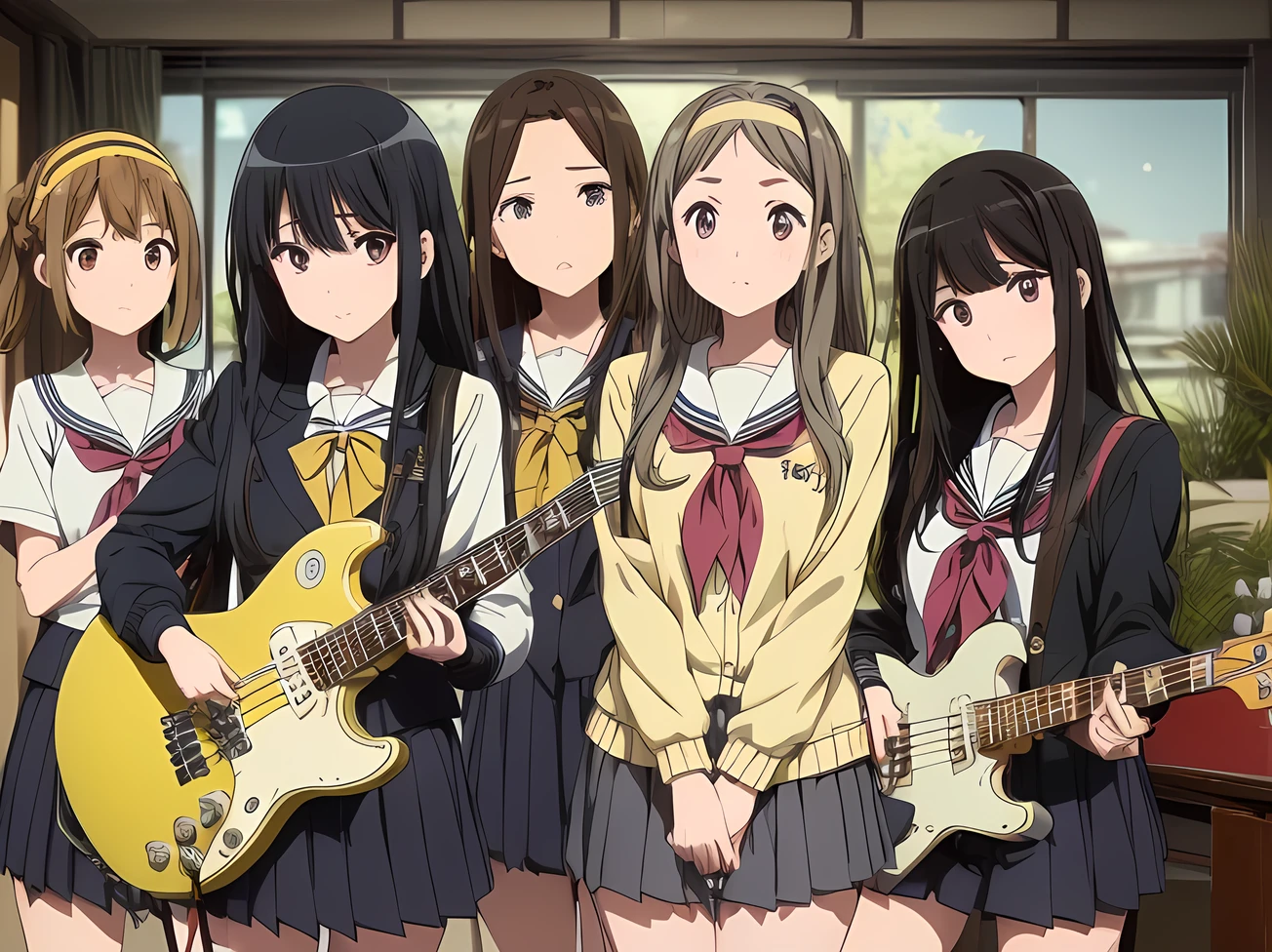 5 girls, there are five girls in school uniforms playing music together, Girl band illustration, rock band, band playing instruments, (A dynamic performance:1.3), K-ON!, band name is "After School Tea Time", band promo, high school girls, ((All of them are wearing navy blazers and grey pleated skirts:1.3)). happy!!!, band playing, (**Yui Hirasawa, Her hair is brown and bob cut. She has a yellow hairpin holding her right bangs in place, Black Pantyhose, Grey neckerchief, have a Gibson Les Paul Standard**). (**Mio Akiyama, She has long straight black hair. Her bangs are cut in a hime style, Grey neckerchief, Black knee-high socks, have a Fender Jazz Bass left-handed model**). (**Tainaka Ritsu, She has short brown hair with a yellow headband and her forehead is exposed, White ankle socks, Grey neckerchief, Plays the drums**). (**Kotobuki Tsumugi, She has thick semicircular eyebrows, and long wavy hair that is a light color almost blonde, Fair skin, Grey neckerchief, White ankle socks, Keyboard player**). (**Azusa Nakano, She has long twin-tailed, slightly bluish black hair, Black knee-high socks, red neckerchief, Plays rhythm guitar**). ((masterpiece:1.3)), (best quality), ((extremely detailed:1.1)) 