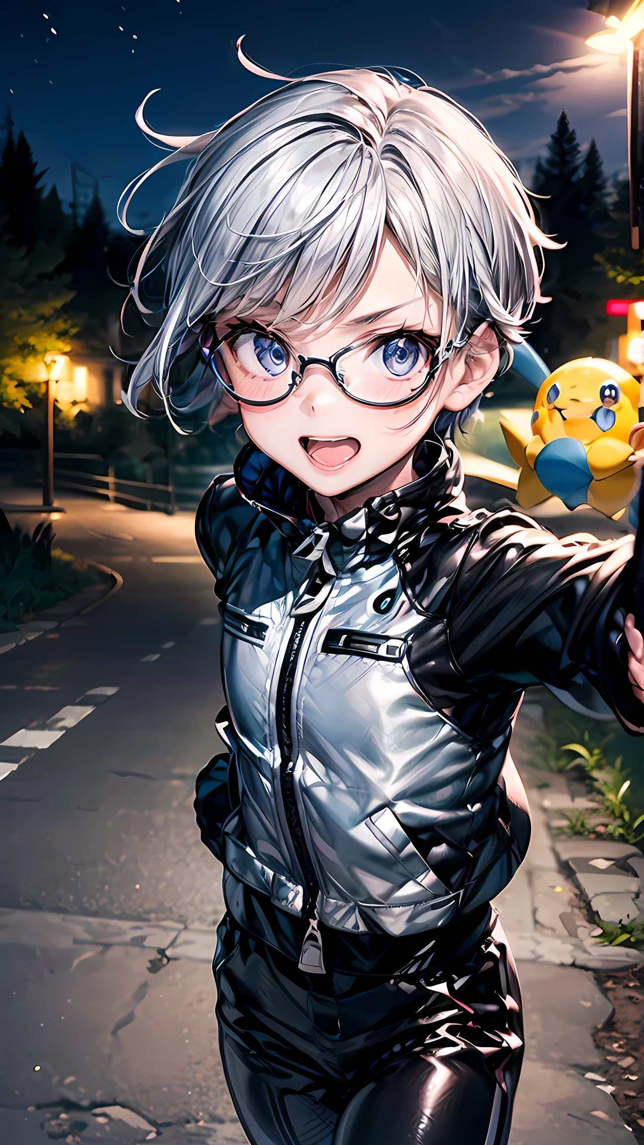 (masterpiece), 1boy, best quality, expressive eyes, perfect face,  silver hair, blue eyes, glasses , very short hair, handsome, darkened face, silver jacket, black shirt, Pokémon Trainer Outfit, gloves, silver pants, Steel Pokémon Trainer, Pokémon Geodude, Running, Night time, Beautiful Forest, smiling, 