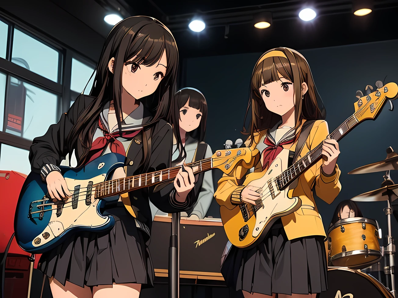 5 girls, there are five girls in school uniforms playing music together, Girl band illustration, rock band, band playing instruments, (A dynamic performance:1.3), K-ON!, band name is "After School Tea Time", band promo, high school girls, ((All of them are wearing navy blazers and grey pleated skirts:1.3)). happy!!!, band playing, (**Yui Hirasawa, Her hair is brown and bob cut. She has a yellow hairpin holding her right bangs in place, Black Pantyhose, Grey neckerchief, have a Gibson Les Paul Standard**). (**Mio Akiyama, She has long straight black hair. Her bangs are cut in a hime style, Grey neckerchief, Black knee-high socks, have a Fender Jazz Bass left-handed model**). (**Tainaka Ritsu, She has short brown hair with a yellow headband and her forehead is exposed, White ankle socks, Grey neckerchief, Plays the drums**). (**Kotobuki Tsumugi, She has thick semicircular eyebrows, and long wavy hair that is a light color almost blonde, Fair skin, Grey neckerchief, White ankle socks, Keyboard player**). (**Azusa Nakano, She has long twin-tailed, slightly bluish black hair, Black knee-high socks, red neckerchief, Plays rhythm guitar**). ((masterpiece:1.3)), (best quality), ((extremely detailed:1.1))