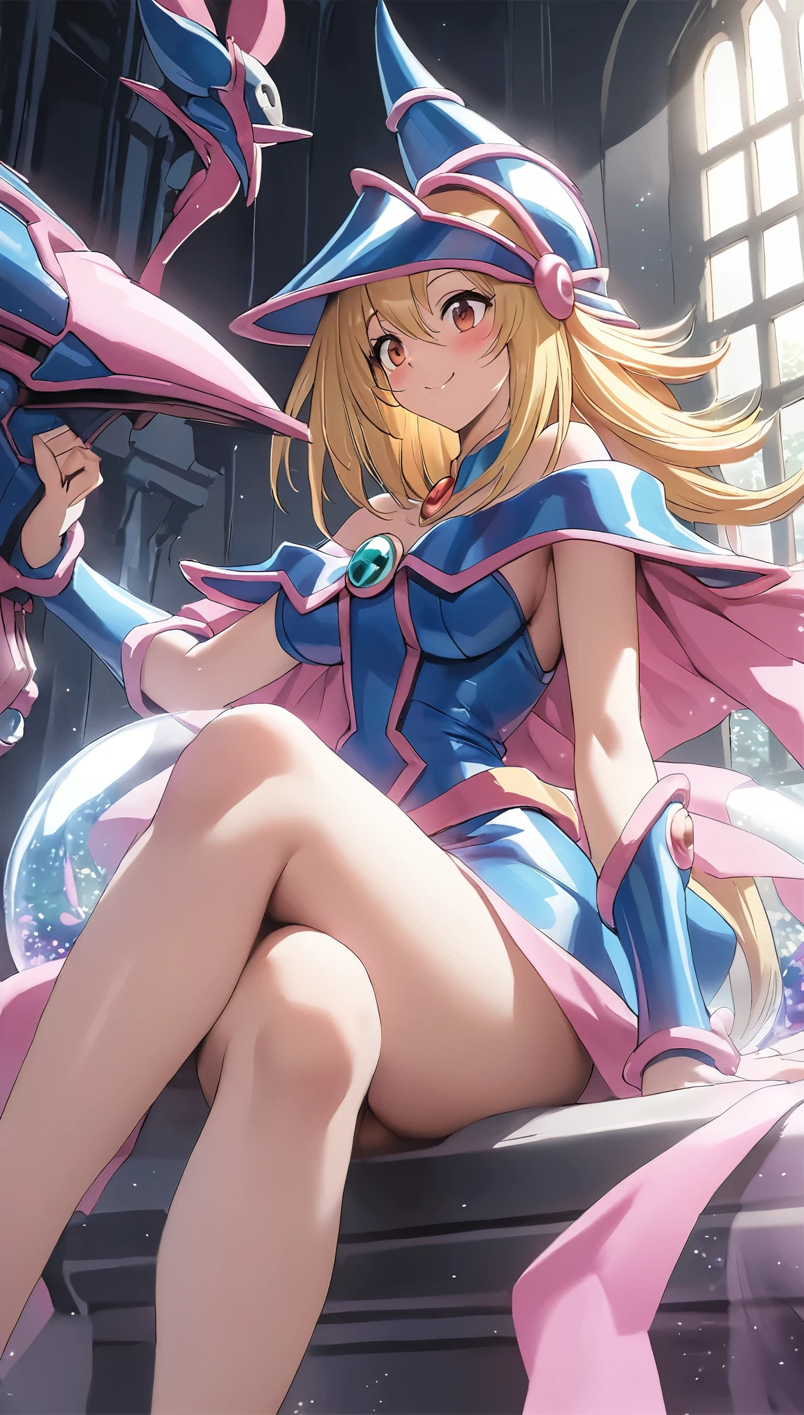 Dark magician girl NSFW, glass cover, upper body, side shot, alternate color, masterpiece, detailed illustration, lifelike, Pixiv top quality, exquisite, {{{Cute 1dark magician girl}}}, super beauty merging with the machine, elaborate shabby chic pattern, beautiful and shiny woman, half of my body is made of machine, transparent glass body, the machine inside is transparent, cinematic lighting, dynamic angle, dynamic pose, MAGIC World, depth of field. Magic macaw at the bottom. magic hearts showing your VOLUPTUOUS body, BIG TITS, BEAUTIFUL, SENSUAL, BLUSHING from head to toe, STROLLING THE CASTLE, SMILING PLAYING SEXY CROSSED LEGS, BLONDE HAIR INTERACTING WITH LUCID MAGIC