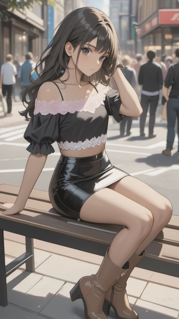 (((Adult transgender woman)): (short black leather miniskirt, pink lace top off shoulder's, Black eyes, showing the whole body, small breasts, Dark skin, brown skin, ((Black wavy hair)), ((High heel Beige boots)). Closed mouth )); full body shot, ((sitting on a bench)), city background. High quality. 4k, 8k, many details. Masterpiece, accurate, anatomically correct, posing, detailed background, better quality, original work Focus on details, people's watching around, Front view, hand in hair