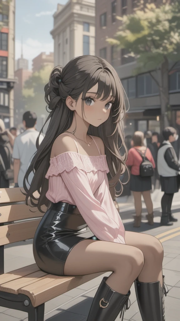 (((Adult transgender woman)): (short black leather miniskirt, pink lace top off shoulder's, Black eyes, showing the whole body, small breasts, Dark skin, brown skin, ((Black wavy hair)), ((High heel Beige boots)). Closed mouth )); full body shot, ((sitting on a bench)), city background. High quality. 4k, 8k, many details. Masterpiece, accurate, anatomically correct, posing, detailed background, better quality, original work Focus on details, people's watching around, Front view, hand in hair