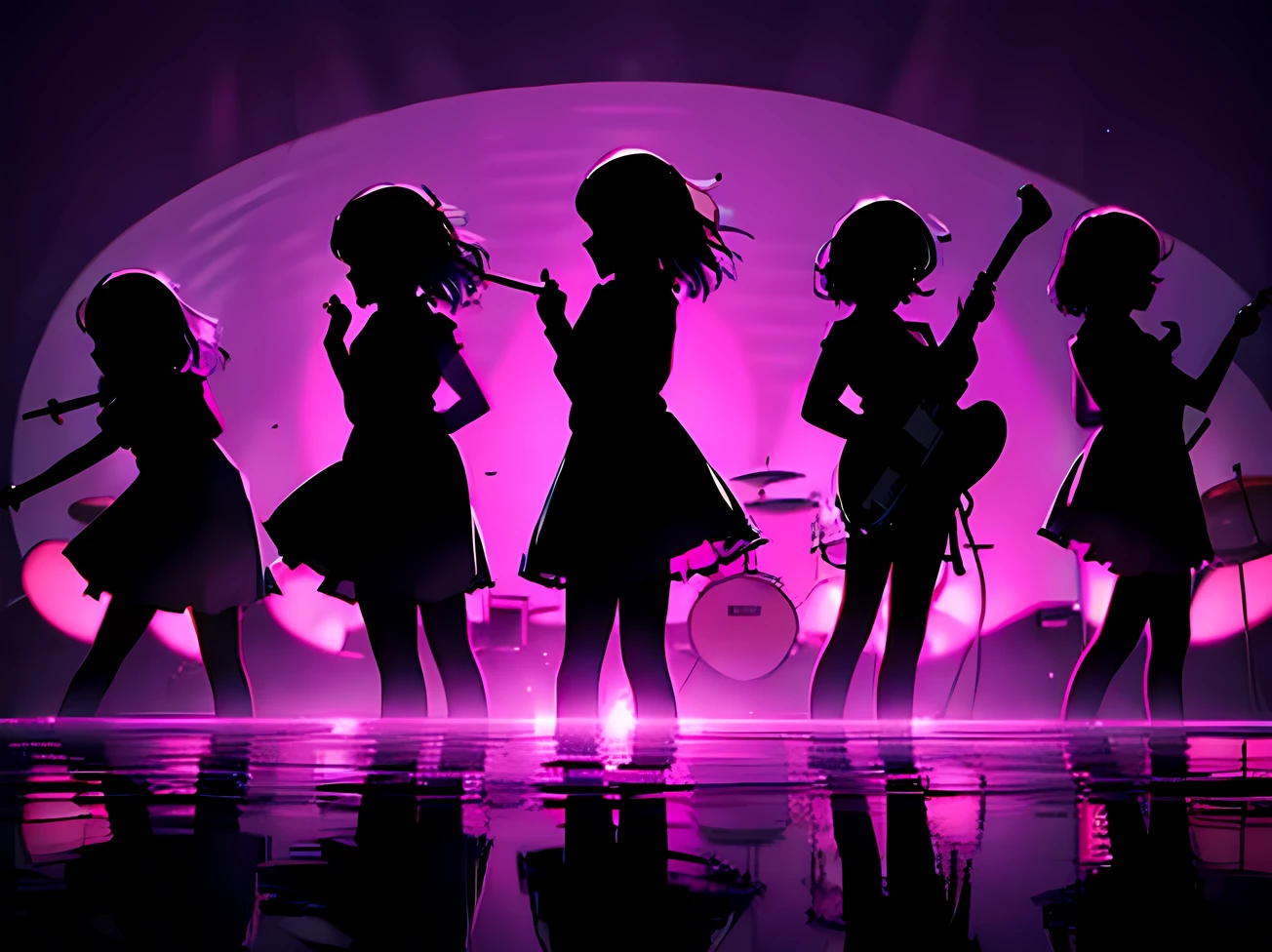 ((masterpiece:1.3)), (best quality), ((extremely detailed:1.1)), 5 girls, there are five girls in school uniforms playing music together, Silhouette Art, Jet black silhouette, Girls rock band　illustration, Music Band On pink Background Vector Illustration, Silhouette of a five-girls rock band and lighting purple gradient lighting, band playing instruments, (A dynamic performance:1.3), high school girls, happy!!!, band playing, 