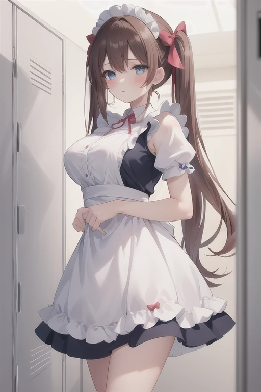 (masterpiece, best quality, ultra detailed, absurdres)1.5, (sexy, beautiful woman, perfect face, perfect eyes, perfect female body)1.5, (blue eyes, hair bow, large breasts, long hair, twintails, very long hair, red bows, brown hair, big bows, ribbon, extremely detailed clothes, maid, ), (locker room), night, smooth, hdr, Over-the-knee white socks,lift up the skirt，pink ribbon,Confused expression,Middle-aged man standing behind a woman,Man hugging woman from behind:1.2,A man fondles a woman&#39;s breasts:1.3,The woman&#39;s skirt is lifted up to reveal her private parts.、Shaved,((Molester:1.5))