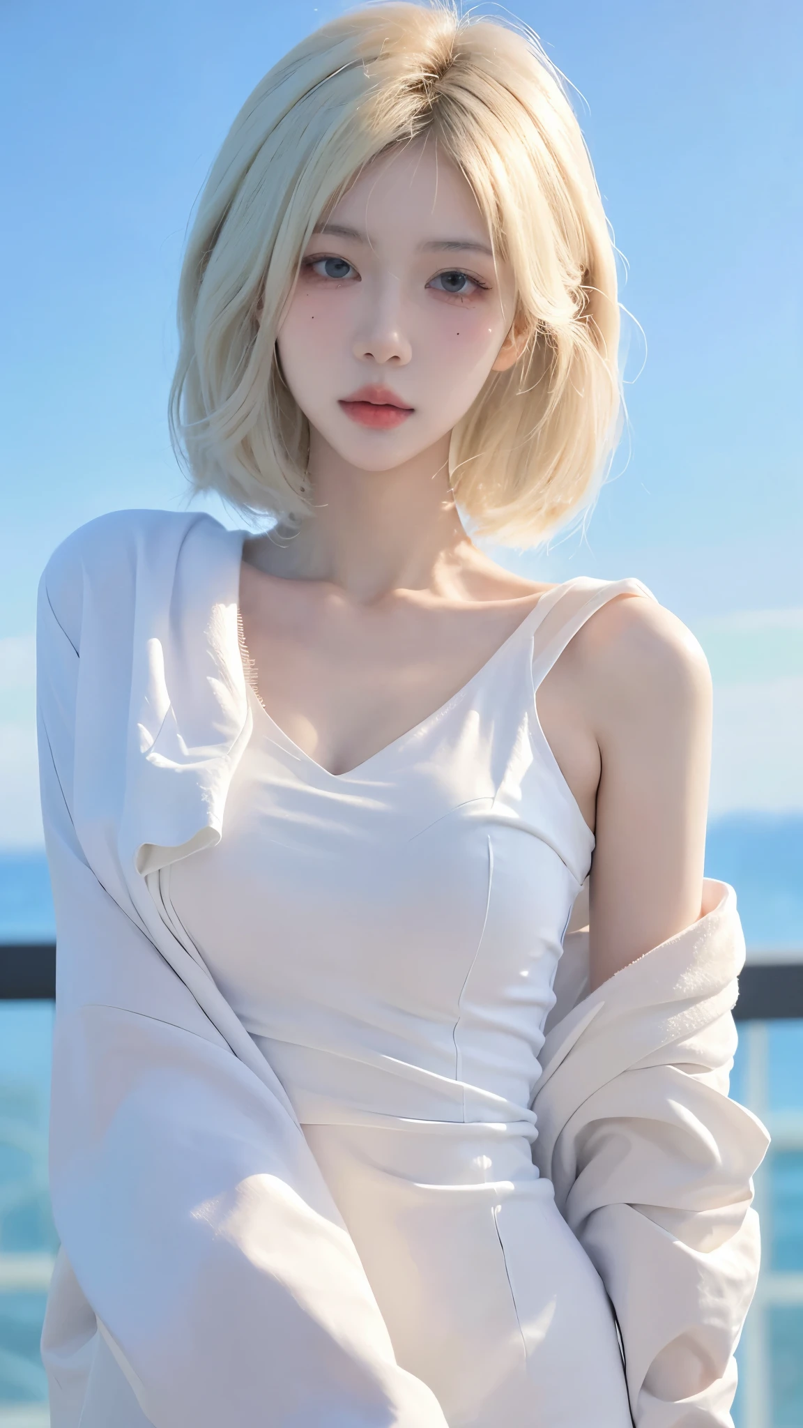 Beautiful woman with perfect figure:1.4，Ultra-high resolution，wear glasses，White背景，（lifelike：1.4），Layered Hairstyle，White皮肤，Super short pleated skirt，whole body，Very delicate face and skin texture，Double eyelids，Skin Whitening，Long hair，White hair，White，
