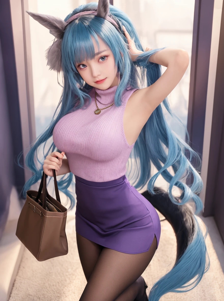 masterpiece, best quality, Newyork city background,, 1girl, solo, realistic skin, gloves, twintails, long hair, blue thighhighs, aran sweater, blue hair, cable knit, turtleneck, pointy ears, elf, furry, looking at viewer, bare shoulders, sleeveless, zettai ryouiki, black gloves, lips, sweater dress, grey eyes, medium breasts, hair ornament, standing, elbow gloves,