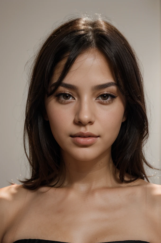 (8K), realistic, gorgeous 25 years woman, stunningly beautiful woman, very clean skin, beautiful long black hair, beautiful brown eyes, round face shape, the most beautiful woman in the world, (((very thin rounded eyebrows))), very beautiful delicate thin and small nose, beautiful chin, dream woman, prominent cheekbones, wearing a strapless dress, white backdrop