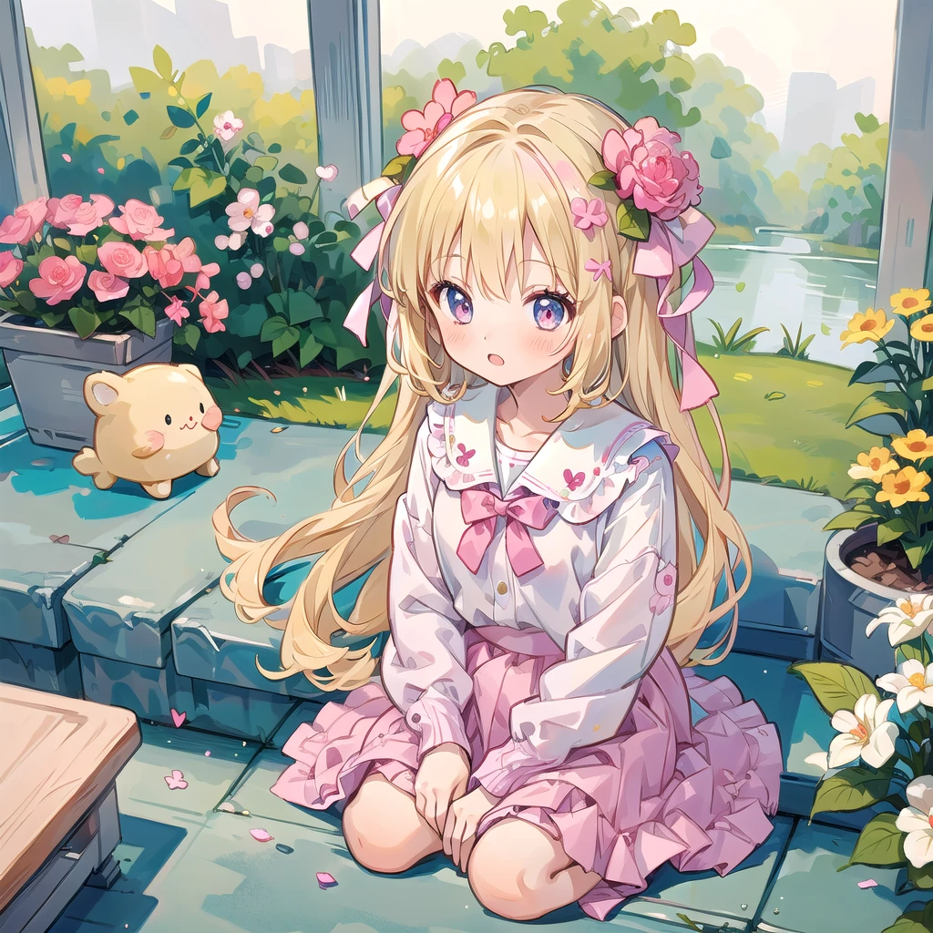 ((masterpiece)) (best quality) (beautiful detailed eyes) (ultra-detailed) (finely detail) (highres) ((((little female child)))) two side up long blonde hair pink ribbon white dress lace-trimmed embroidery long sleeves floral garden embarrassed blush [[smile]] on side sitting on flower ((flowers)) blue eyes