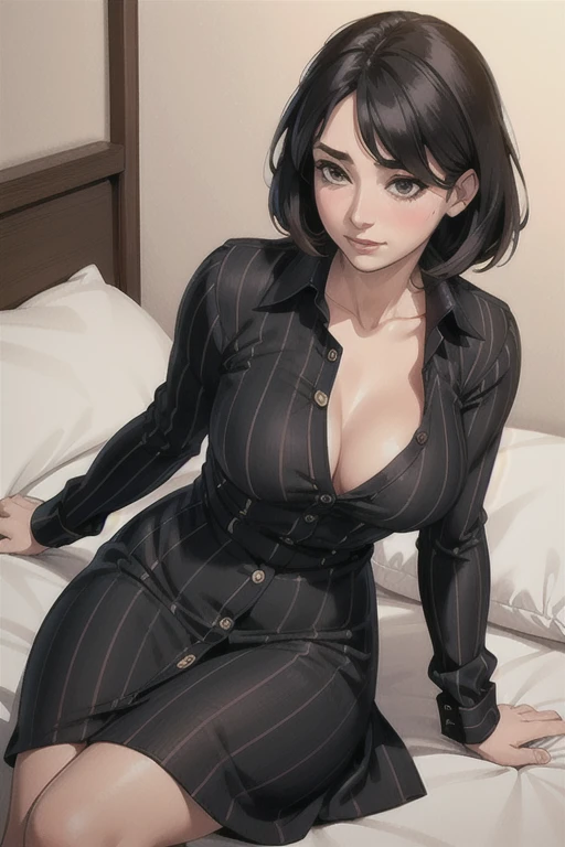 informal, (mature woman:1.4), (thick), Long black striped shirt dress with buttons and unbuttoned, ((Masterpiece:1.2)), ((best quality:1.2)), (neckline). lying on a bed (blushing)