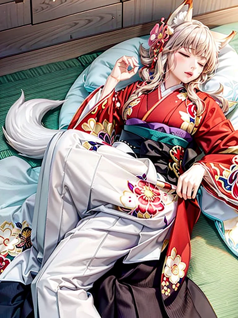 Anime, girl, woman, teenager, hakama, furisode, long hakama, floral pattern kimono, fox, fox ears, fox tail, big ears, big tail, Sleeping woman, sleeping face