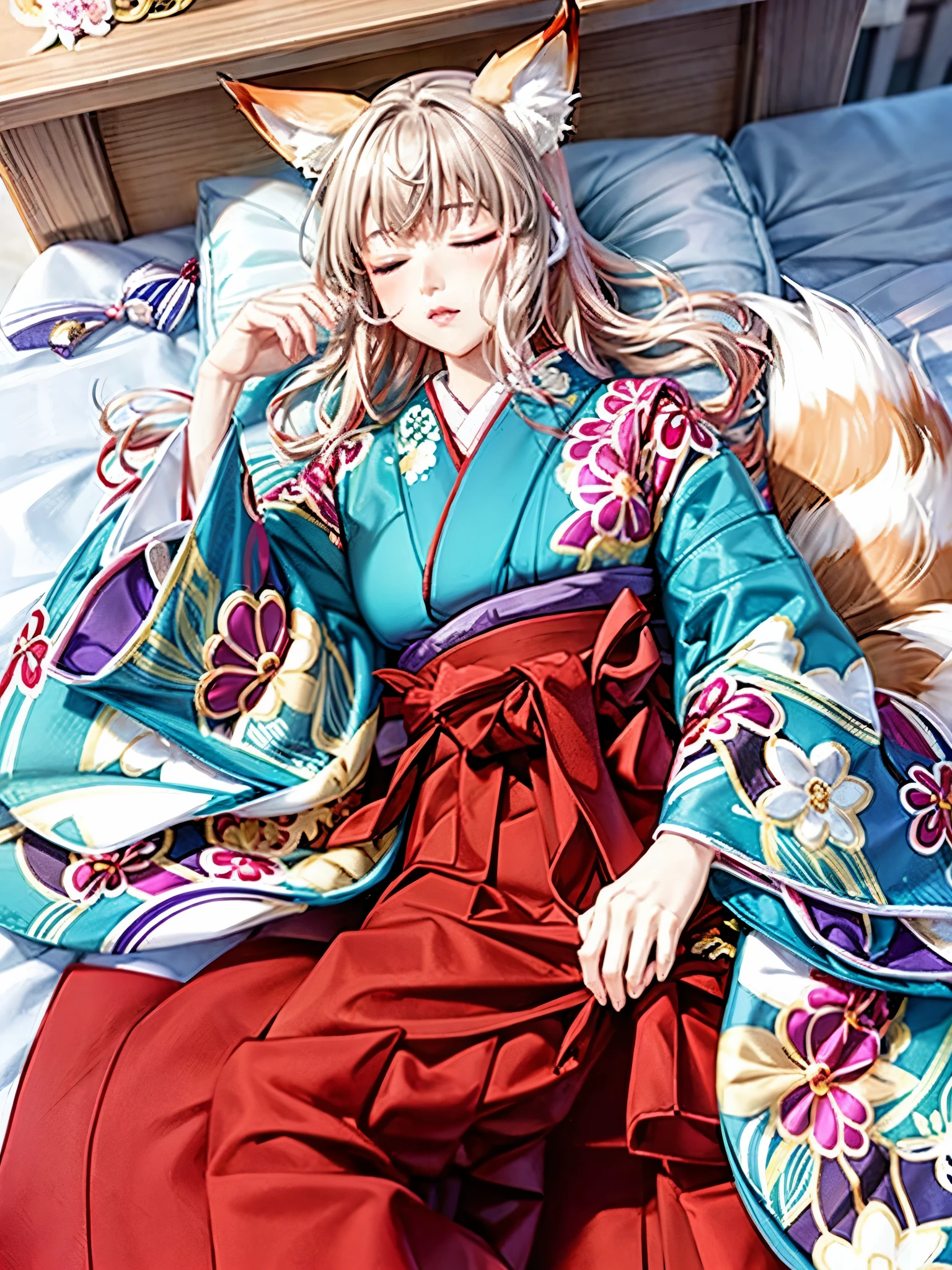 Anime, girl, woman, teenager, hakama, furisode, long hakama, floral pattern kimono, fox, fox ears, fox tail, big ears, big tail, Sleeping woman, sleeping face