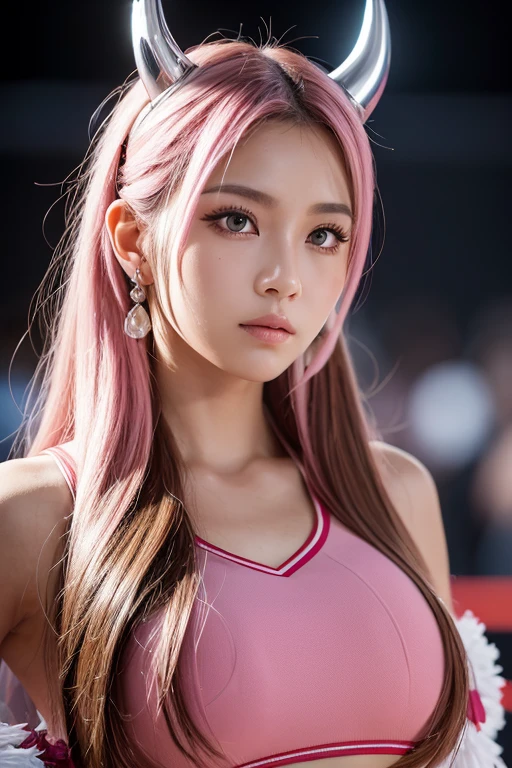 Japanese Beauty,(Pink Ash Hair),Long Hair,Wavy Hair,((Tie your hair low)),(low knot tail),Asymmetrical hairstyle that falls on the shoulders,Model body type, Normal chest,((Cheerleader 1.5)),colorful cheerleader,(Adult Women:1.5),Short hot pants, Soft Landscape,full light,Lots of earrings,Punk Fashion,Body Piercing,Face light,Ear cuff,Symmetrical eyes,Eye contact, Looking at the audience,Sharp Eyes,(Cowboy Shot),(Thin eyebrows), masterpiece of the highest quality, Perfect detail, Perfect facial details , Perfect eye depiction, Perfect skin detail, Depth of written boundary, Perfect lighting,(A small silver horn2Really growing)