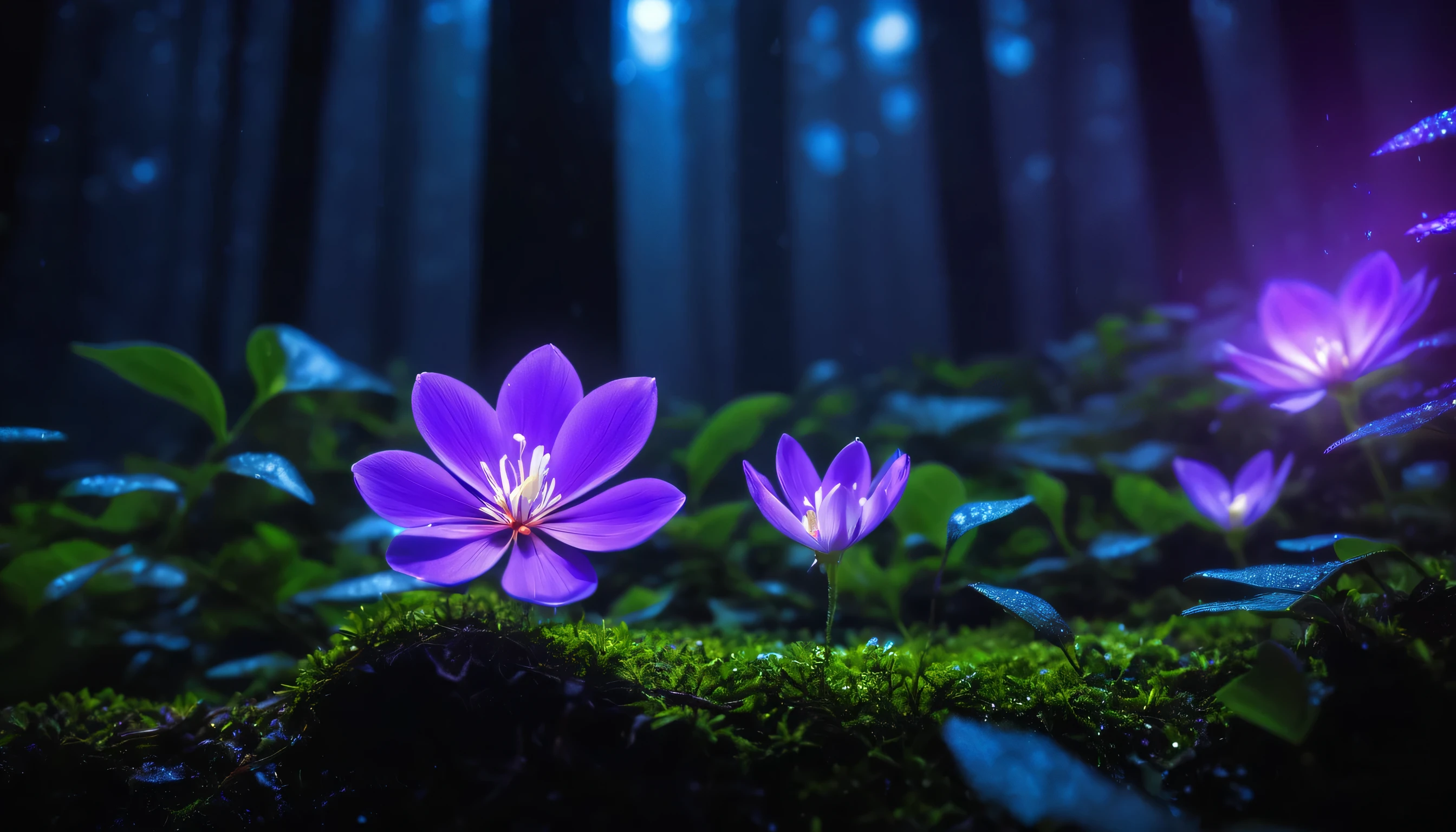 Bioluminescent Purple Flower,Wonderful night forest,Magical Glitter,Concept Art,Depth of written boundary,RAW Photos,Realistic,Cinematic Lighting,Soft Shadows,Sharp focus,fractal,colorful,Depth of written boundary,Best Quality,16K resolution,Vibrant colors,Volumetric Light,