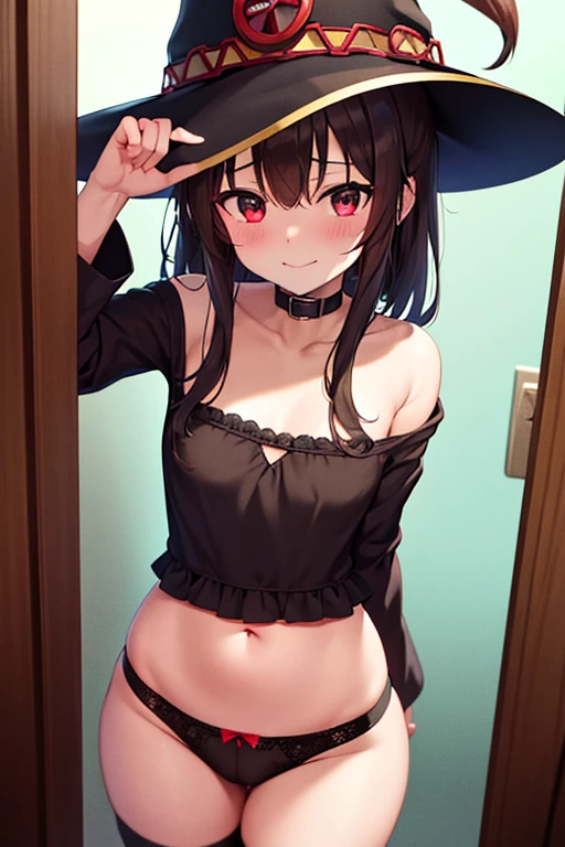 Megumin from Konosuba Megumin hat, Standing, Big Eyes, Hypnosis, Staring into the void, Hollow Eyes, [Sleepy eyes, smile, Lifted top, Nipple swelling, Nipple piercing, Belly tattoo, Pastel Black Lingerie, Place your hand on your chest, Pull your shorts down to your knees, Pull your panties down to your thighs, Sweaty, Wet pussy, Pussy juice, dripping from pussy, Used Condoms, Used Condoms along the corridor, female handle over unUsed Condoms, At the apartment entrance