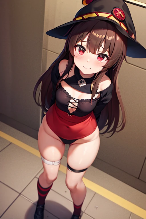 Megumin from Konosuba Megumin hat, Standing, Big Eyes, Hypnosis, Staring into the void, Hollow Eyes, [Sleepy eyes, smile, Lifted top, Nipple swelling, Nipple piercing, Belly tattoo, Pastel Black Lingerie, Place your hand on your chest, Pull your shorts down to your knees, Pull your panties down to your thighs, Sweaty, Wet pussy, Pussy juice, dripping from pussy, Used Condoms, Used Condoms along the corridor, female handle over unUsed Condoms, At the apartment entrance