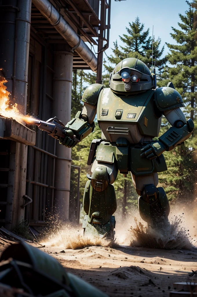 best quality, masterpiece, highly detailed, armored_trooper, ultra-detaile votoms, robot, mecha, science fiction, realistic, no humans, weapon, machinery, forest, mud road, Explosion Artstyle, fire, explosion, flames, ruin factory ,machine gun, digitalcamouflage 