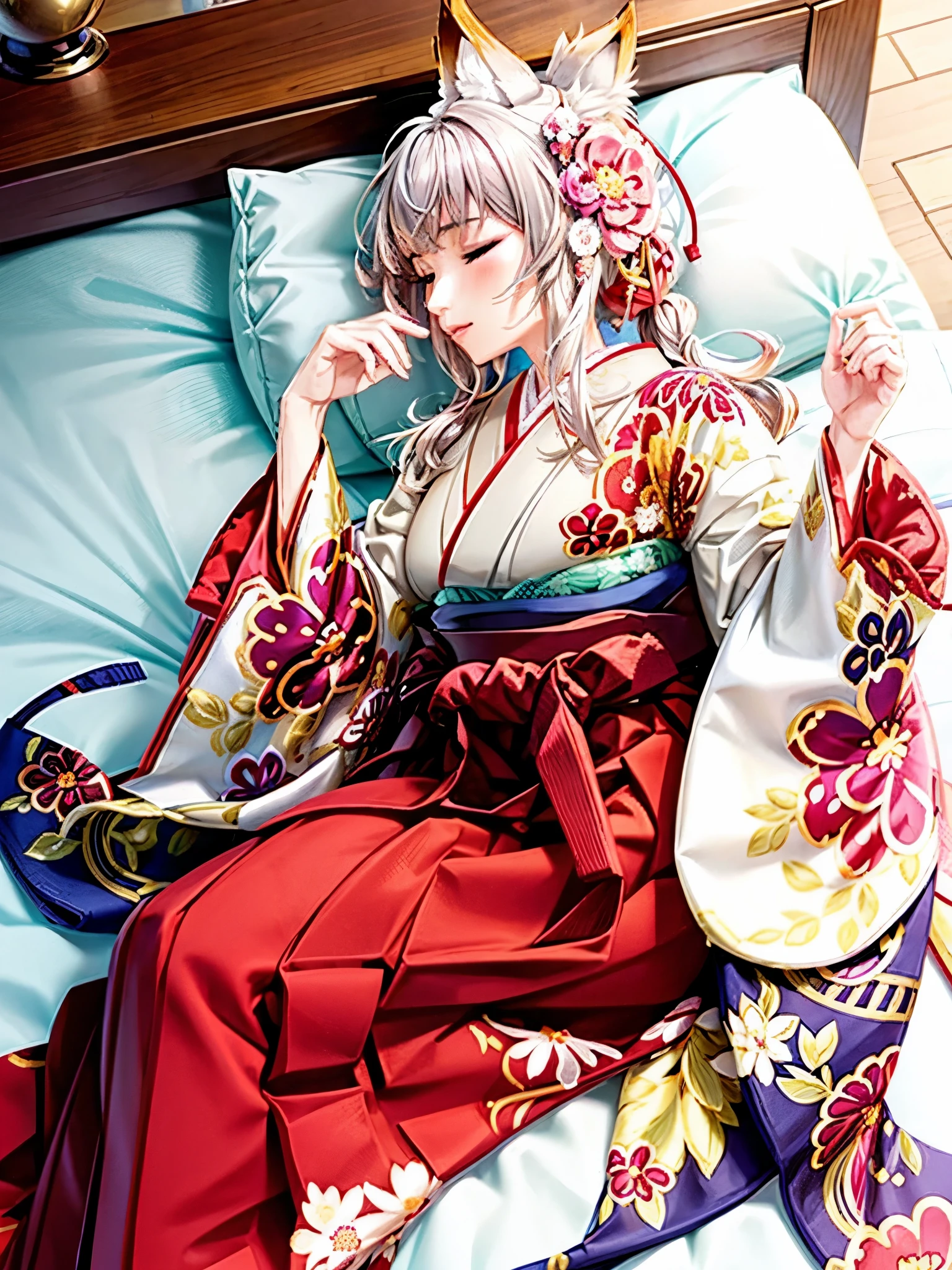 Anime, girl, woman, teenager, hakama, furisode, long hakama, floral pattern kimono, fox, fox ears, fox tail, big ears, big tail, Sleeping woman, sleeping face