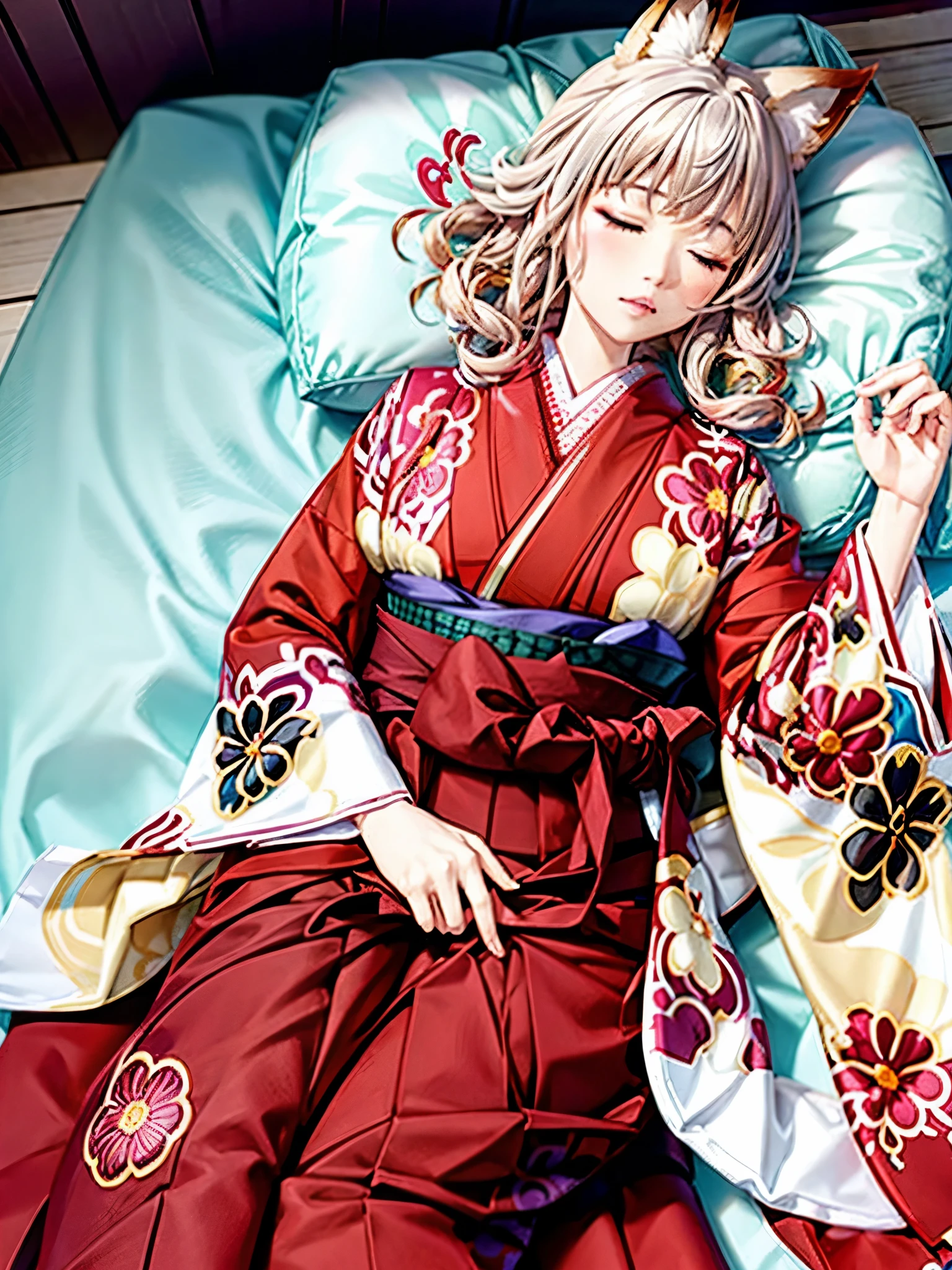 Anime, girl, woman, teenager, hakama, furisode, long hakama, floral pattern kimono, fox, fox ears, fox tail, big ears, big tail, Sleeping woman, sleeping face