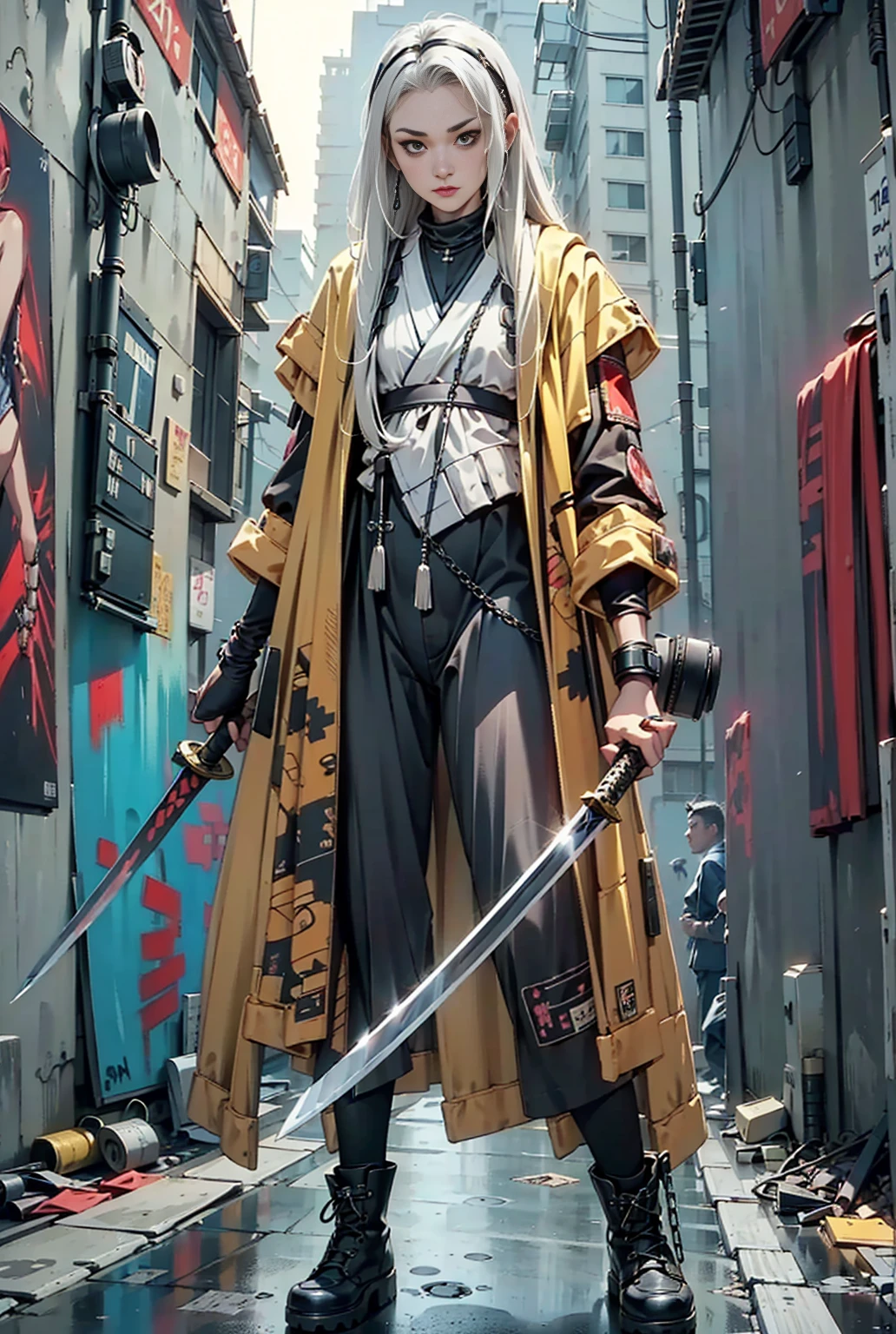 A very pretty cyberpunk samurai、20-year-old woman、Very long and thick dreadlocks with white tips、Pale, clear skin、He is posing with a long Japanese sword in each hand.、（A futuristic, mechanized cyberpunk outfit、He has a demon face accessory hanging around his neck.、Colorful fur coat、Cross accessory on arm、A chain is wrapped around his wrist、White 5/8 length sarouel pants、Cyber Mechanical Combat Boots、Standing surrounded by concrete、Spray graffiti on the wall、A scene where someone is jumping and slashing、Looking at the camera、Angle from below、Full body portrait
