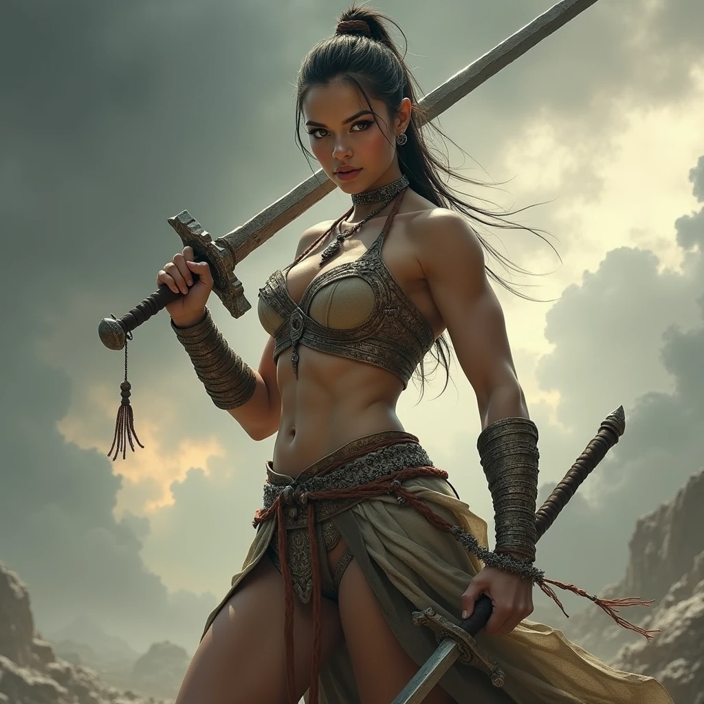 Kristin Kreuk, (best quality), detailed background, oriental nobless,warrior girl, athletic physique, shredded abs, bicep veins, heavily muscled legs, combat arts,holding halberd,oni, monster army