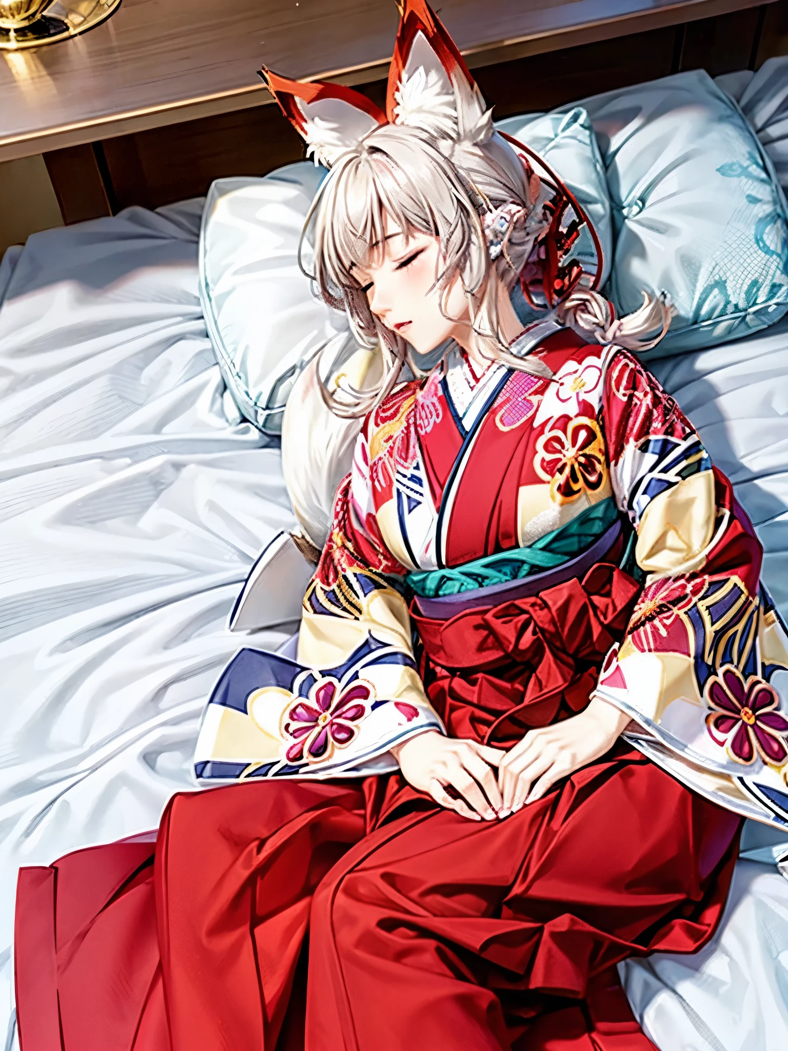 Anime, girl, woman, teenager, hakama, furisode, long hakama, floral pattern kimono, fox, fox ears, fox tail, big ears, big tail, Sleeping woman, sleeping face