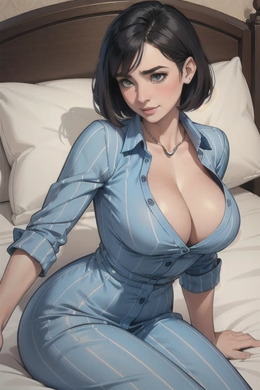 informal, (mature woman:1.4), (thick), Long blue striped shirt dress with buttons and unbuttoned, ((Masterpiece:1.2)), ((best quality:1.2)), (neckline). lying on a bed (blushing)