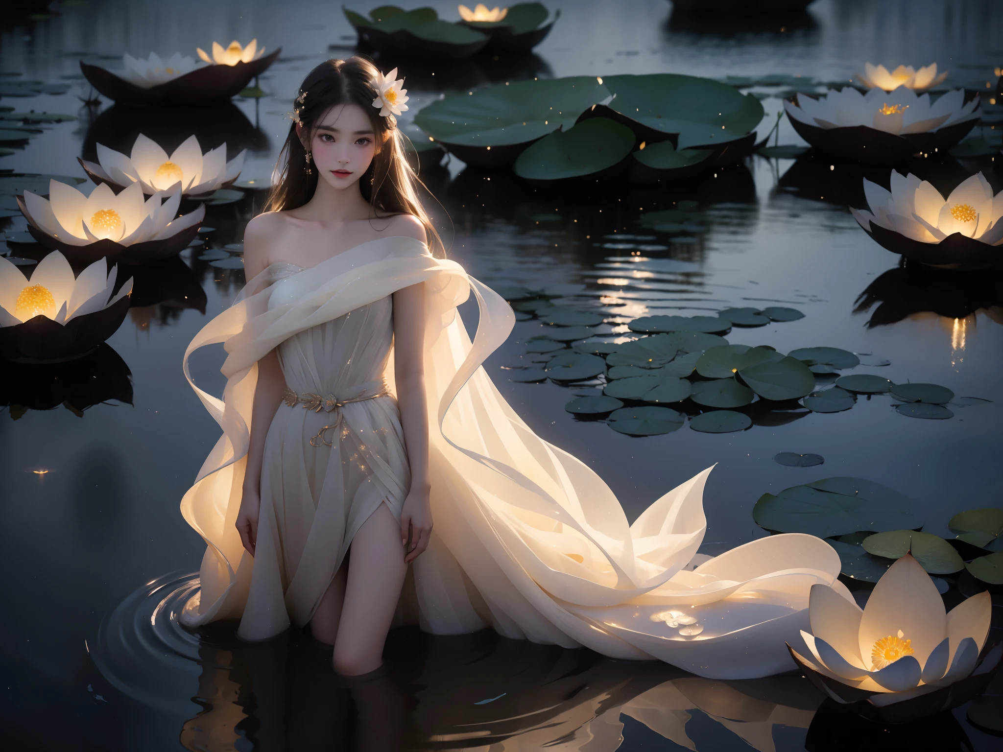 fodress ,, A beautiful girl standing in a moonlit lake with water lilies, surrounded by soft ripples and shimmering reflections.   Her long flowing hair gently moves with the breeze, glowing ethereally in the black night illuminated by fireflies.   The scene captures a serene evening with a starry sky and a misty atmosphere.   She has correct and elegant proportions, especially emphasizing her graceful, beautiful legs.   revealing bare shoulders, and her delicate facial features display a peaceful expression. The water around her glows with cinematic lighting, creating a dreamy and mysterious mood, with photorealistic detail and a focus on the reflections on the water surface